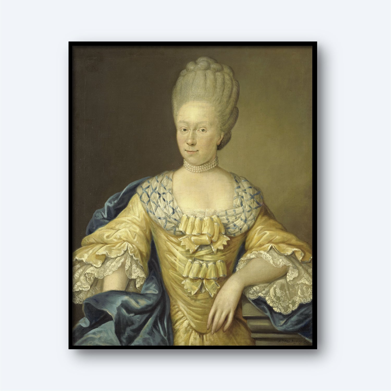 The Hauck Portrait Adriana Van Heusden depicts a person from the 18th century in formal attire. They have a tall, elaborate powdered wig and are dressed in an ornate yellow gown with a blue shawl draped over their shoulders, featuring intricate lace details. The plain background draws attention to the subject's dignified pose, reminiscent of 17th-century portraiture.