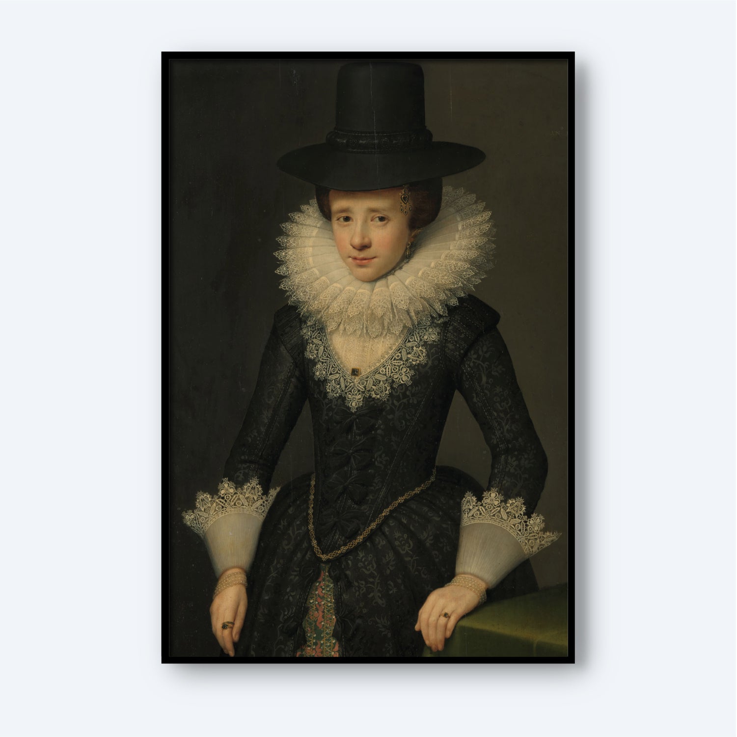 A portrait of a woman from the 17th century, dressed in a detailed black gown adorned with lace and an elaborate ruffled collar. She wears a black hat and rests one hand on a green-covered table. This exemplary piece of wall art, titled "Portrait of Anna Boudaen Courten" by Salomon Mesdach, hails from the Dutch Golden Age.
