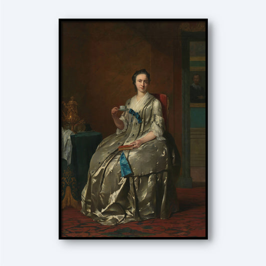 The **Portrait of Magtilda Muilman by Frans van der Mijn** showcases a woman seated on a red chair, holding a book and dressed in a silver gown with blue accents. The scene is set against the backdrop of a wooden table adorned with an ornate teapot, while a partially open door reveals an 18th-century portraiture in the adjacent room, evoking the essence of distinguished wall art.
