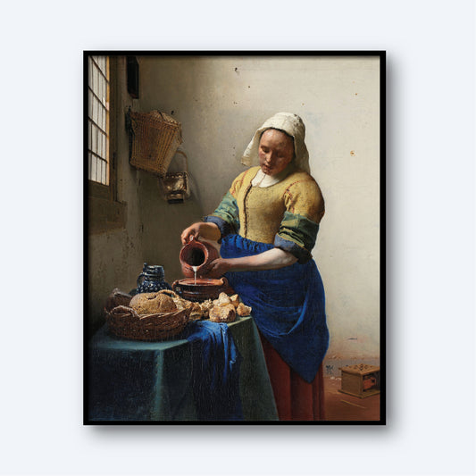 **Product: The Milkmaid by Johannes Vermeer**

Description: In *The Milkmaid* by Johannes Vermeer, a woman adorned in a white headscarf and yellow blouse beneath a blue apron is captured mid-action, pouring milk from a jug into a bowl. She stands beside a table laden with bread, positioned next to an illuminated window that bathes the tranquil Dutch Golden Age scene in natural light.