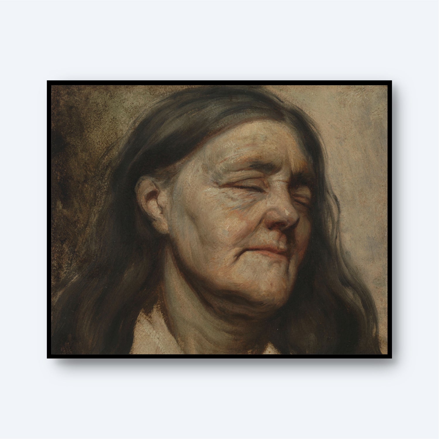 Study of an Old Woman" by Matthijs Maris is a striking portrait painting that captures an elderly woman with long, dark hair. Her eyes are closed, and she exudes a calm, serene expression. The muted, earthy-toned background creates a compelling contrast to the detailed depiction of her facial features.