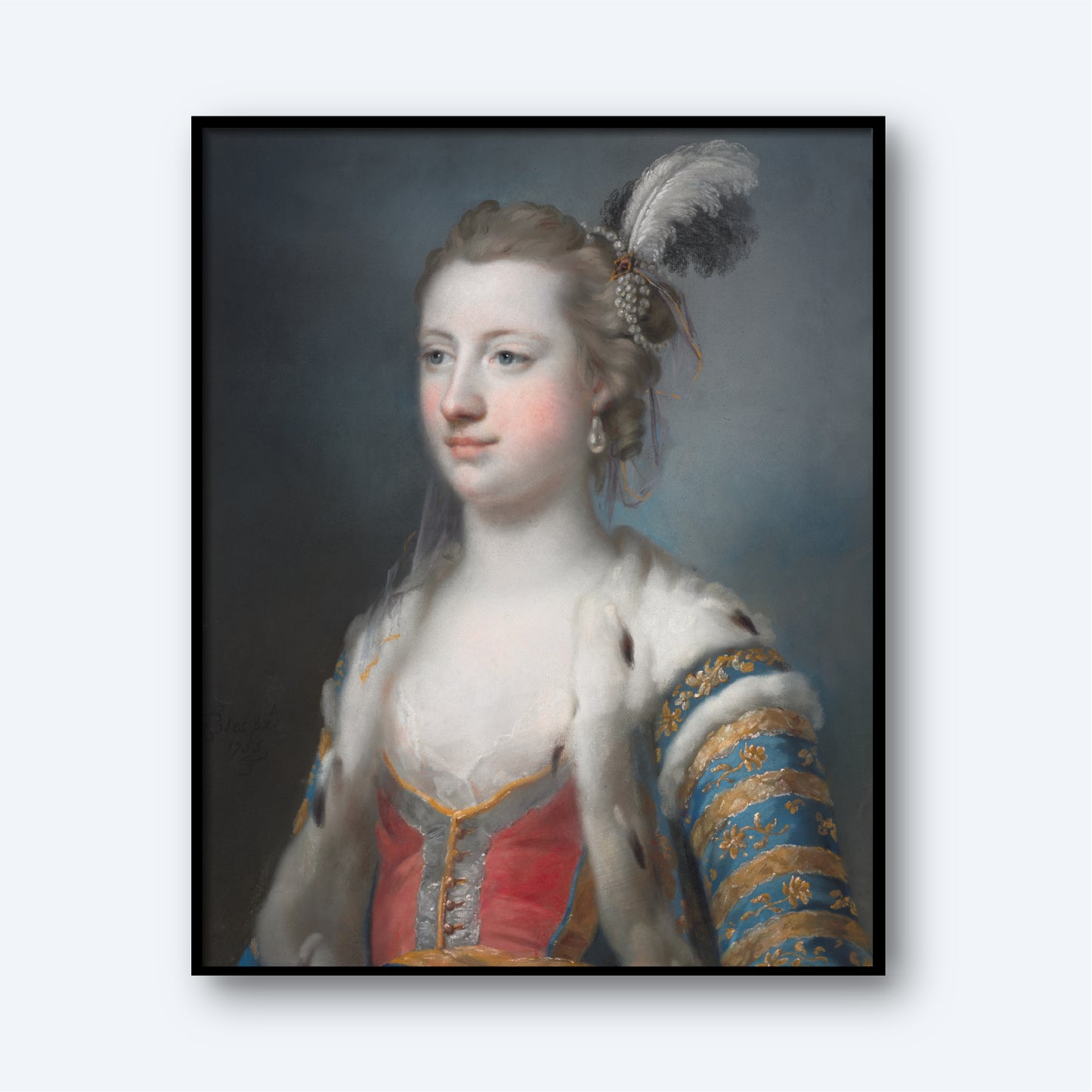 A print titled "The Right Honorable Lady Mary Radcliffe" by Francis Cotes showcases Lady Mary Radcliffe in historical attire, encapsulating the essence of Georgian portraiture. In this print, she is adorned with a feathered cap and a lavish garment featuring blue and gold patterns over a red undergarment. The background is softly muted and dark, framed by a light border reminiscent of Cotes' distinguished style.