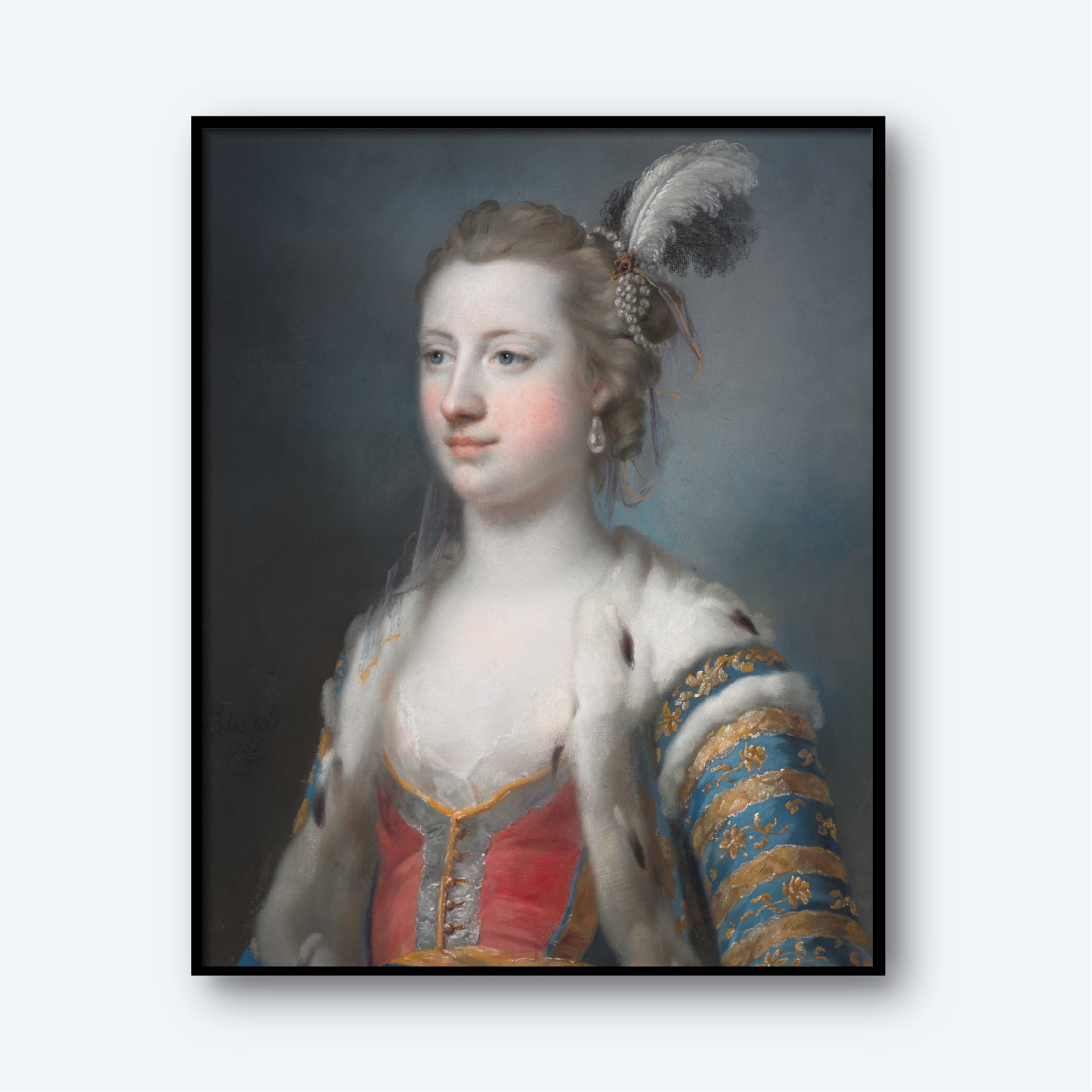 A print titled "The Right Honorable Lady Mary Radcliffe" by Francis Cotes showcases Lady Mary Radcliffe in historical attire, encapsulating the essence of Georgian portraiture. In this print, she is adorned with a feathered cap and a lavish garment featuring blue and gold patterns over a red undergarment. The background is softly muted and dark, framed by a light border reminiscent of Cotes' distinguished style.
