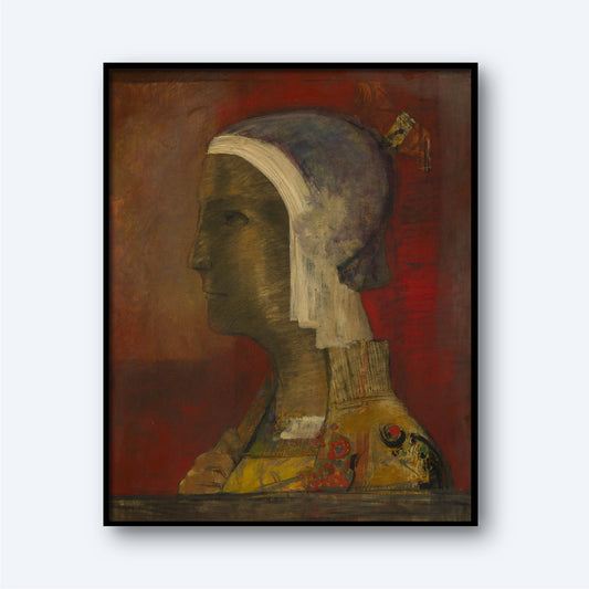 Product Description: The framed painting, "Symbolic Head by Odilon Redon," features a figure in profile set against a muted red background. The figure is adorned with a headscarf and patterned garment. This artwork is evocative of the Symbolist movement, reflecting Odilon Redon's distinctive style with its textured abstract elements and emphasis on earth tones and subtle details.