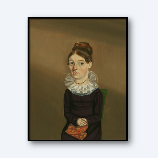 Mrs. William Bonham (Ann Warford) by William Bonnell depicts a somber woman with a high, lace-trimmed collar and upswept hair, dressed in a dark gown and seated on a green chair, holding a small, patterned book in her lap. The background is plain and muted brown. This artwork effectively captures the essence of American colonial history and is elegantly framed in black.