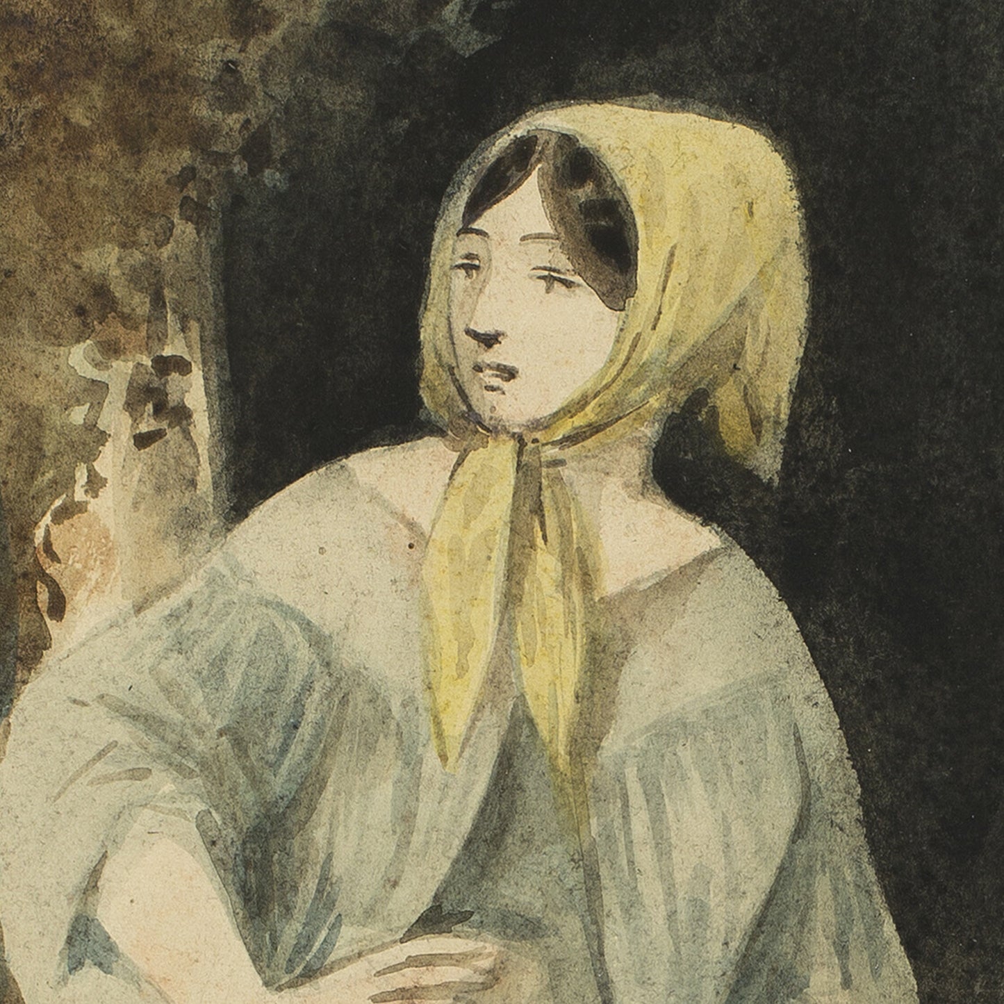 Two Women in Yellow Kerchiefs by Constantin Guys features a watercolor painting evocative of 19th-century illustrations, portraying a woman in a light yellow headscarf tied under her chin. Her brown hair flows freely as she gazes thoughtfully to the side, dressed in a loose, light-colored blouse. One arm is bent at the waist, adding poise to her contemplative stance while the dark, indistinct background enhances the allure of this captivating wall art.