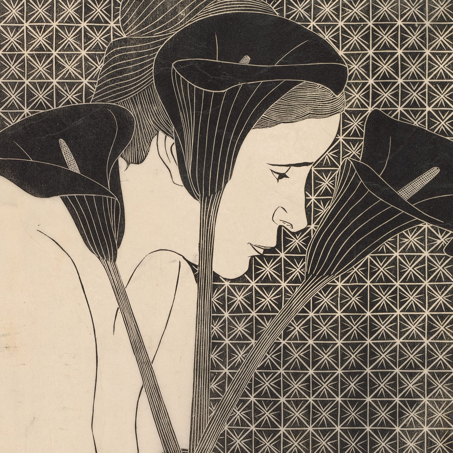 The "Female Nude Behind Vase with Arum Lilies" print features a detailed black and white illustration of a female nude positioned behind a vase filled with large, flowing calla lilies. Her solemn expression is highlighted by an intricate background of repetitive geometric patterns, creating a striking contrast with the organic shapes of the flowers. This elegant piece is sure to enhance any wall art collection.
