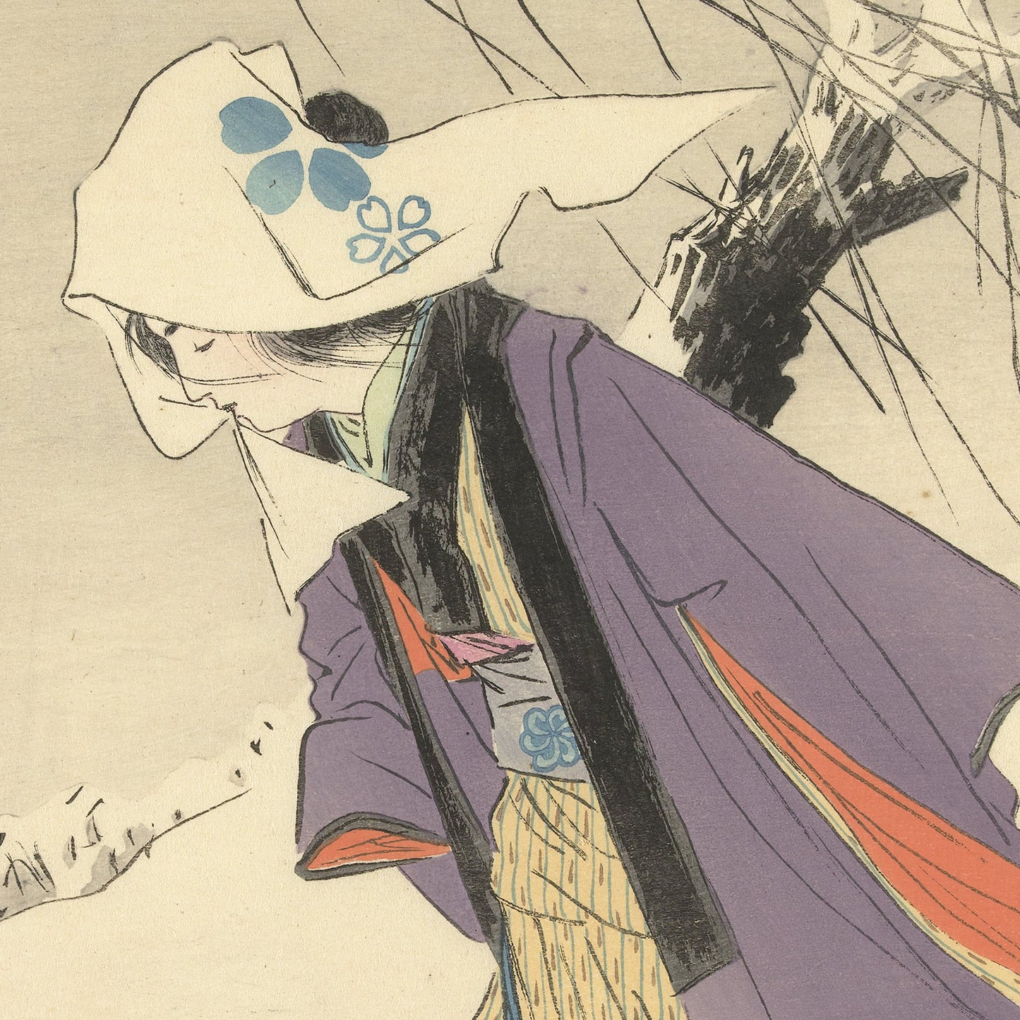 A person in traditional Japanese clothing stands in a snowy landscape, akin to "Woman Walking Through the Snow" by Kajita Hanko. They wear a hat adorned with blue floral designs and a long purple robe. Branches and a tree trunk are visible in the background, enhancing the serene and contemplative atmosphere.