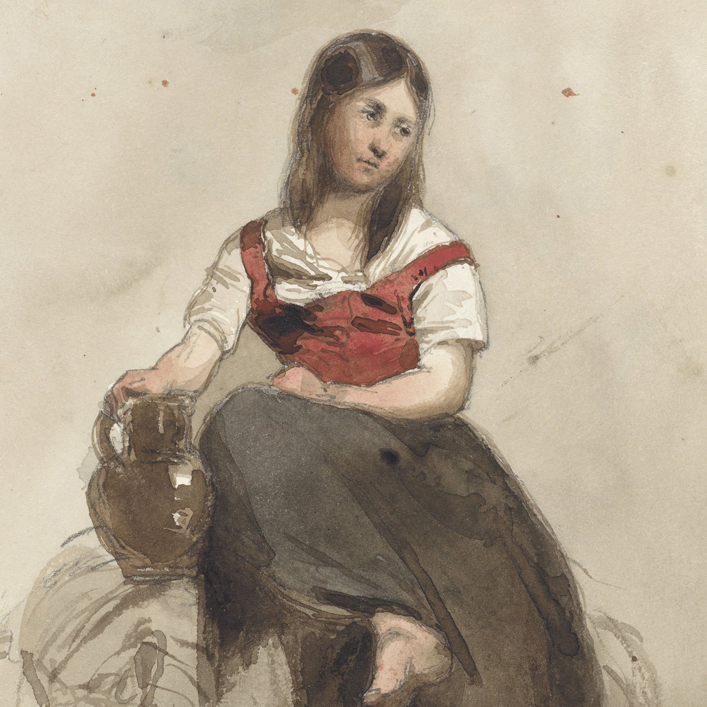 A young woman with long brown hair, exuding pastoral charm, sits with a contemplative expression on a horse's back, holding a large brown jug. She is dressed in a red dress with a white blouse underneath and a dark skirt. The watercolor painting of this serene scene has a soft and muted color palette, making the "Woman Seated on a Horse with a Jug Print" perfect for wall art.