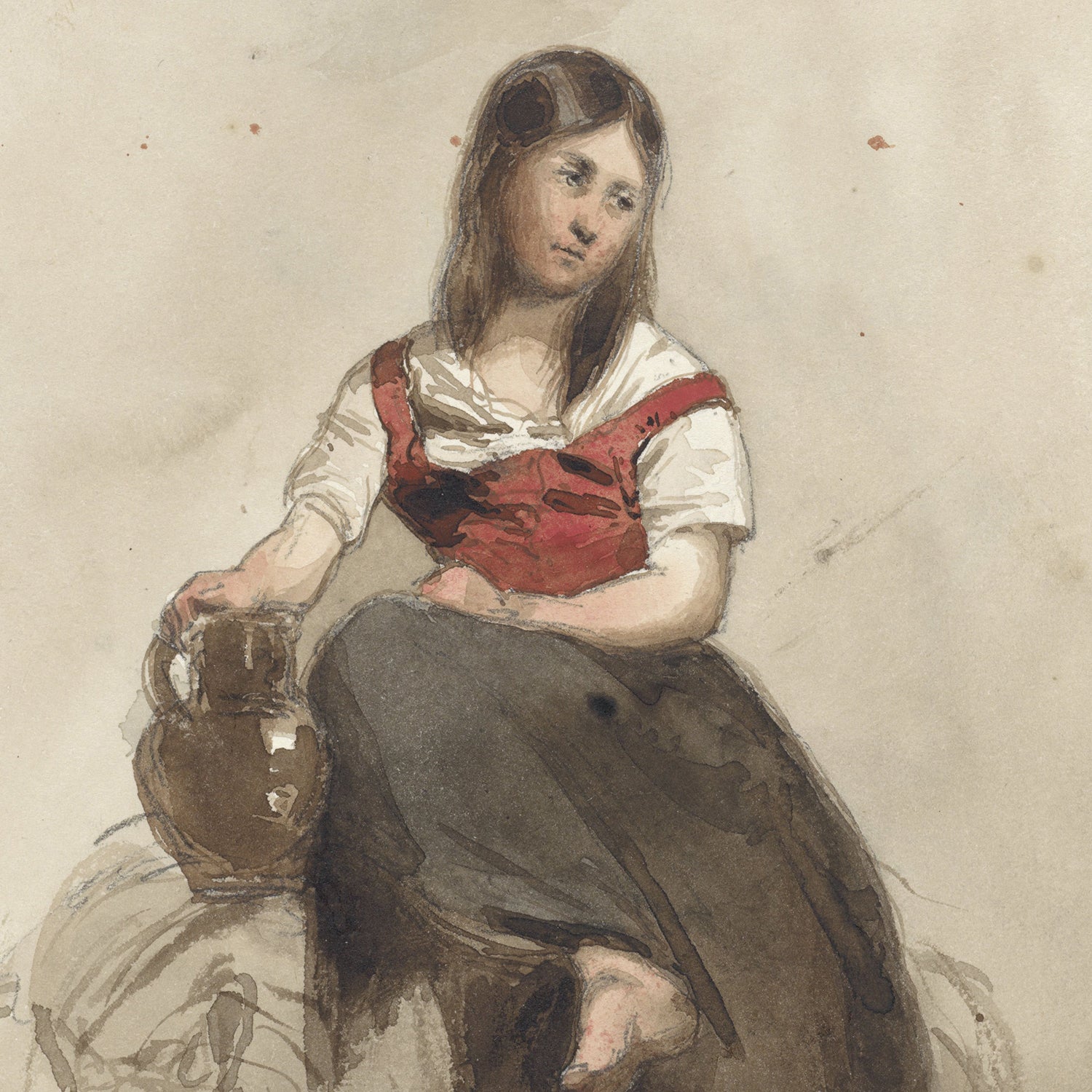 A young woman with long brown hair, exuding pastoral charm, sits with a contemplative expression on a horse's back, holding a large brown jug. She is dressed in a red dress with a white blouse underneath and a dark skirt. The watercolor painting of this serene scene has a soft and muted color palette, making the "Woman Seated on a Horse with a Jug Print" perfect for wall art.
