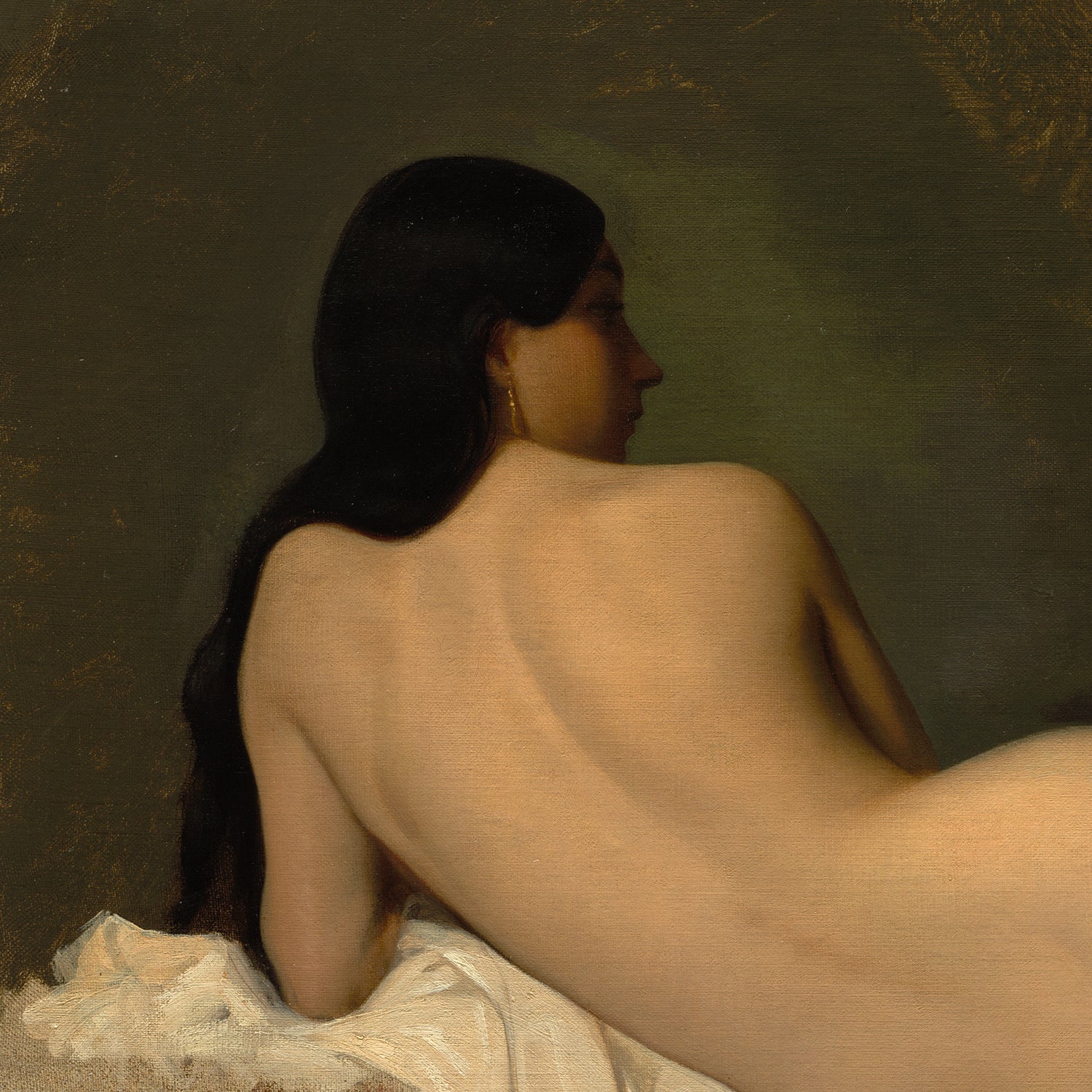 The "Study of a Reclining Nude by Isidore Pils Print" showcases a nude woman with long black hair reclining on a white cloth, her back turned to the viewer. The dark and plain background contrasts with her pale skin, while her pose suggests she is looking to the right, away from the viewer, exuding classical elegance.