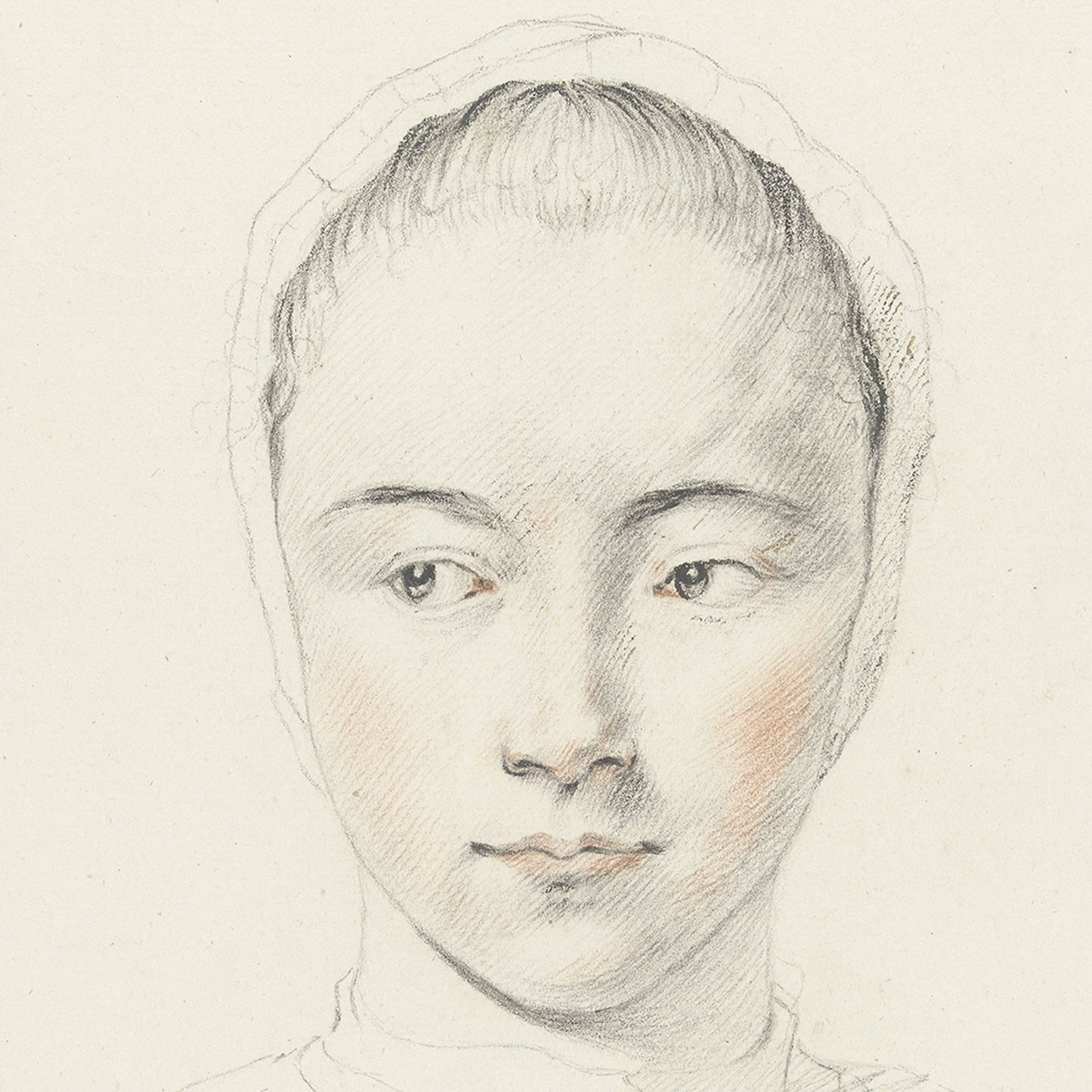 The product "Kop van een meisje," created by Judith M. Testart, showcases a detailed pencil sketch of a young person with delicate facial features and a headscarf. The subject's gaze is directed slightly to the side, exuding a serene expression. Gentle shading emphasizes the contours of the face and adds a subtle blush to the cheeks, making it an ideal piece for wall art.