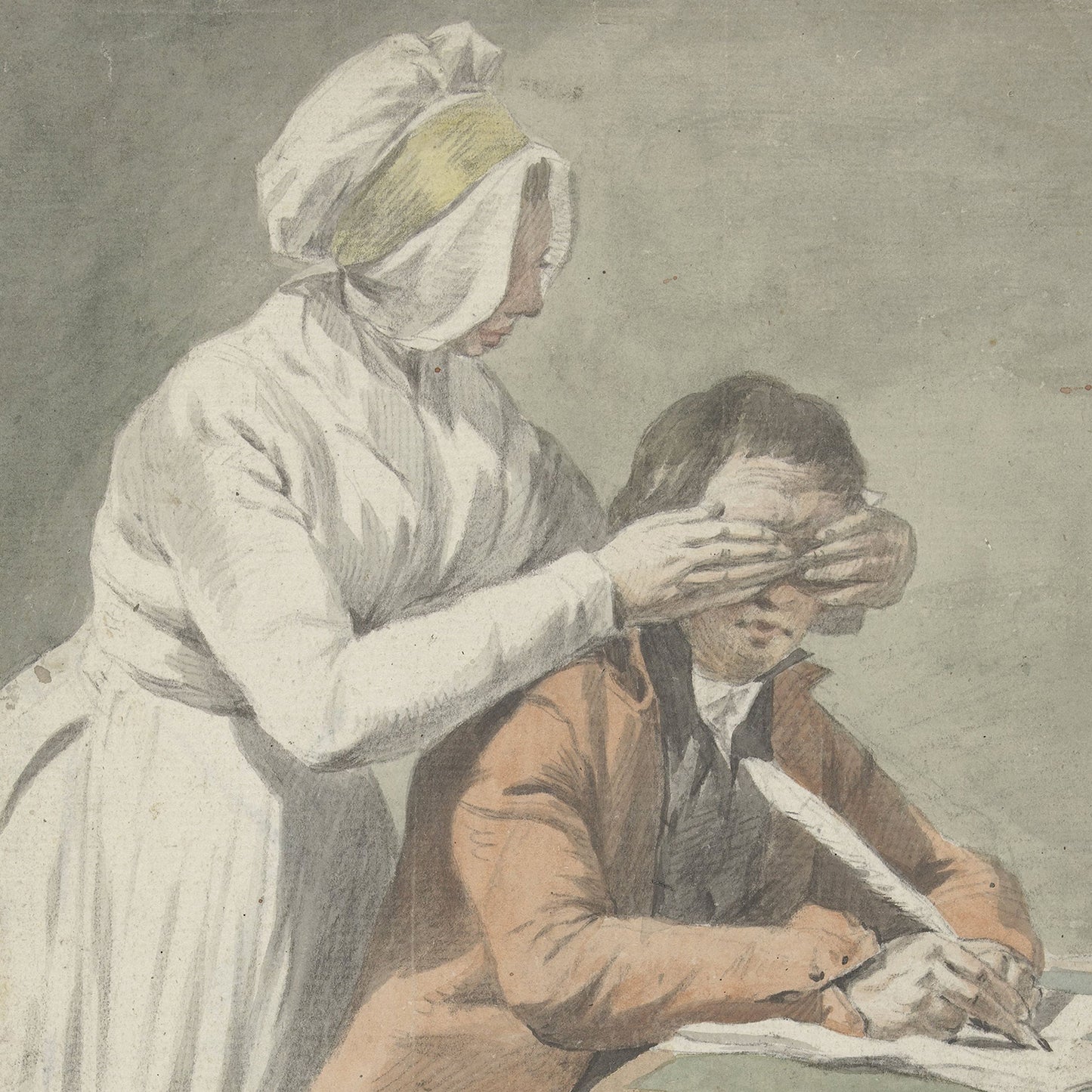 A girl dressed in 18th-century attire playfully covers the eyes of a seated young man who is holding a quill pen and writing at a desk, evoking the French charm seen in the Etienne Jeaurat print, "Girl covers the eyes of a young man." Both individuals are depicted in period clothing, with the girl standing wearing a bonnet and apron.