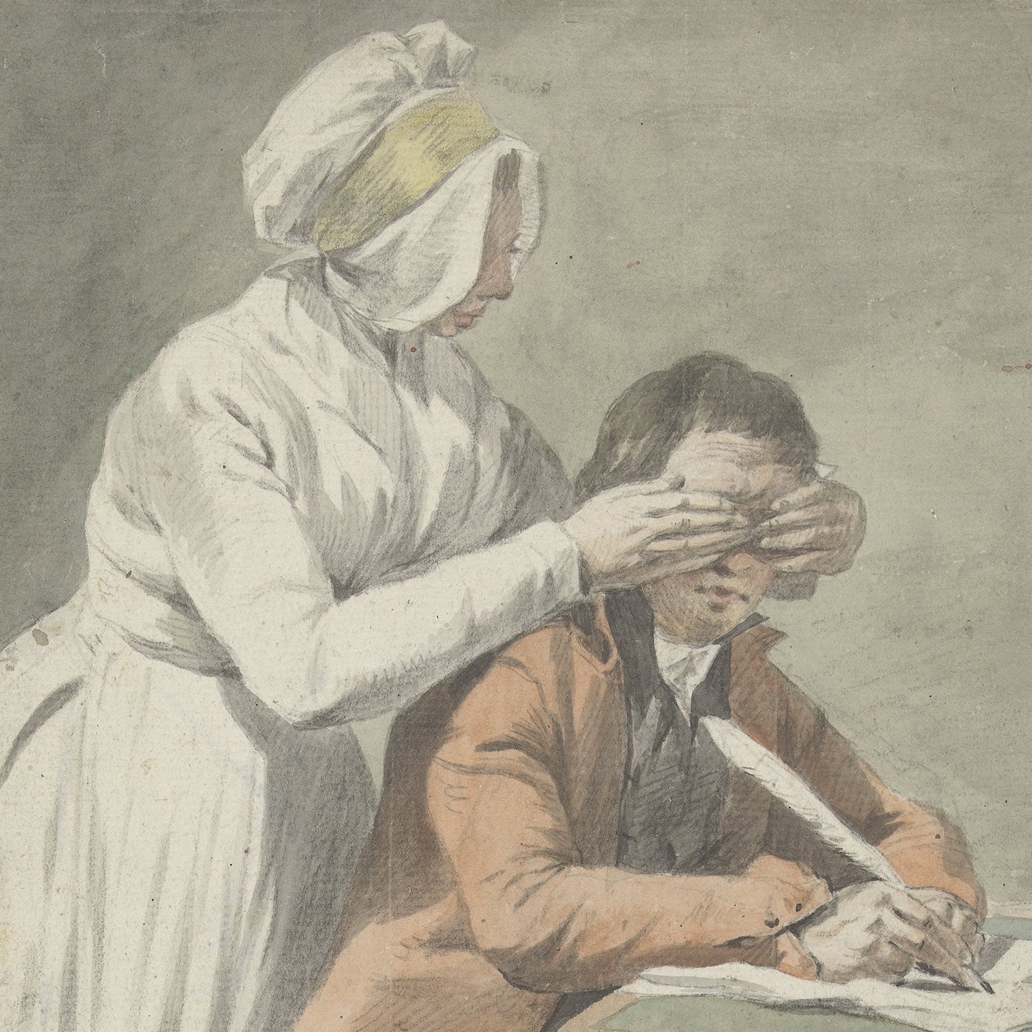 A girl dressed in 18th-century attire playfully covers the eyes of a seated young man who is holding a quill pen and writing at a desk, evoking the French charm seen in the Etienne Jeaurat print, "Girl covers the eyes of a young man." Both individuals are depicted in period clothing, with the girl standing wearing a bonnet and apron.
