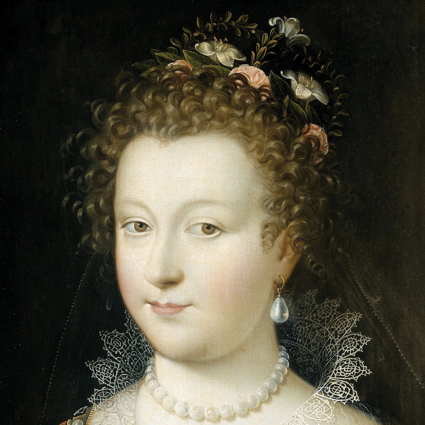 The painting, "Portrait of a Woman previously identified as Queen Elizabeth I," depicts a woman with curly, light brown hair adorned with flowers and leaves. She wears a pearl necklace, lace collar, and a single pearl earring. Her expression is calm, with soft features and pale skin, reminiscent of Renaissance wall art set against a dark background.