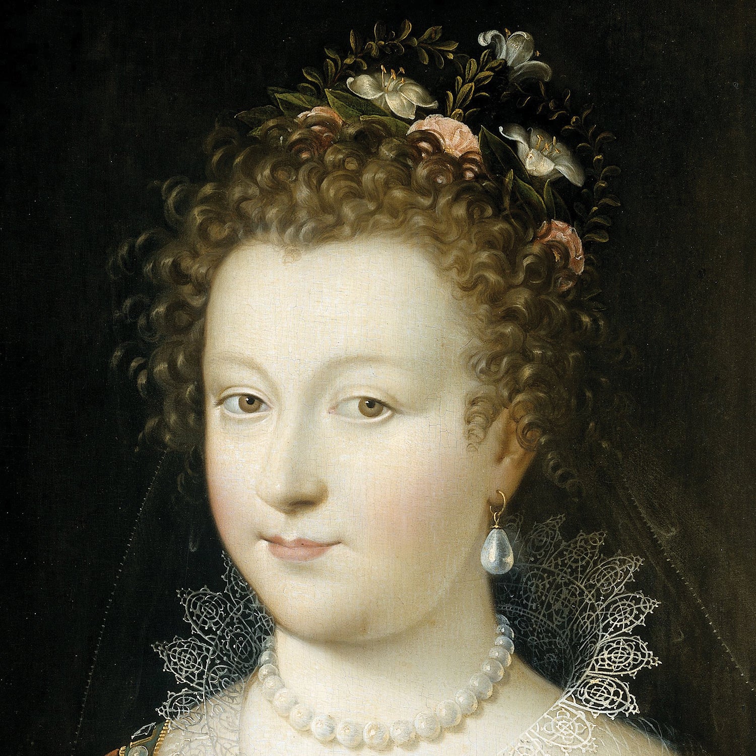 The painting, "Portrait of a Woman previously identified as Queen Elizabeth I," depicts a woman with curly, light brown hair adorned with flowers and leaves. She wears a pearl necklace, lace collar, and a single pearl earring. Her expression is calm, with soft features and pale skin, reminiscent of Renaissance wall art set against a dark background.
