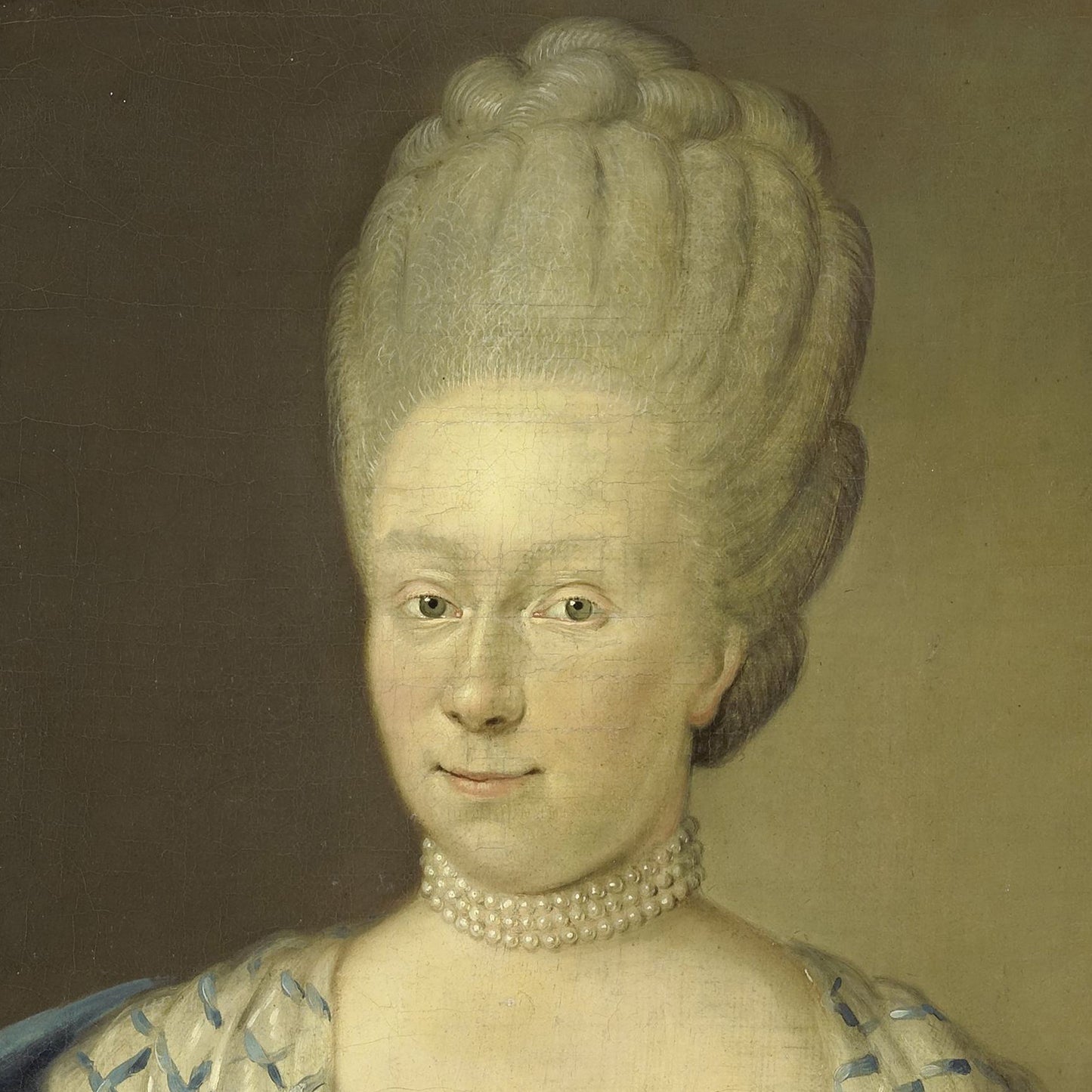 The Hauck Portrait Adriana Van Heusden, reminiscent of 17th-century portraiture, features a woman with a tall, elaborate powdered hairstyle typical of the 18th century. She wears a triple-strand pearl choker necklace and a dress adorned with blue-silver patterns. The plain background accentuates her refined attire, making the painting ideal wall art.