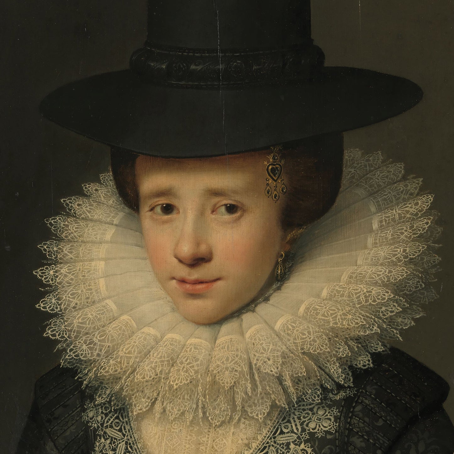 A print titled "Portrait of Anna Boudaen Courten" by Salomon Mesdach, featuring a woman in Renaissance attire with a large black hat, high lace ruff collar, and intricate dark-colored clothing. Her solemn expression is accentuated by delicate earrings against a dark, plain background. This piece is evocative of Dutch Golden Age wall art.