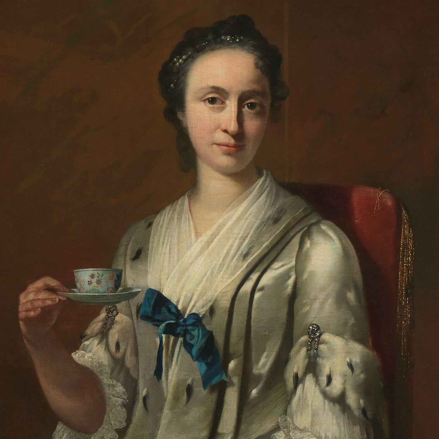 This distinguished wall art piece, titled "Portrait of Magtilda Muilman" by Frans van der Mijn, features a woman from the 18th century seated and holding a teacup and saucer in one hand. She wears a white gown with blue ribbon details and a white shawl. The dark, plain background emphasizes her serene expression, reminiscent of Frans van der Mijn's print style.