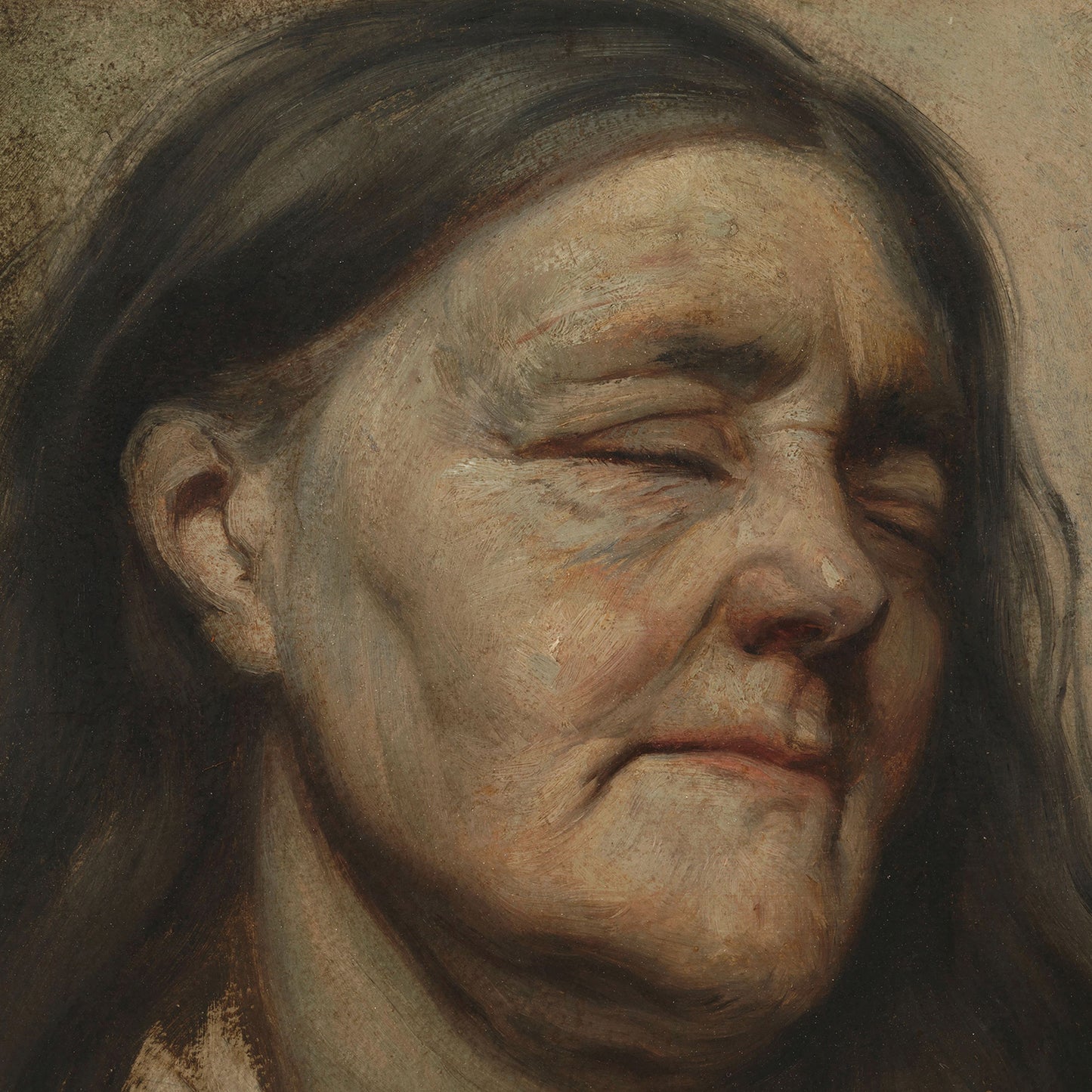 Product Name: Study of an old woman by Matthijs Maris

Sentence: A close-up, detailed painting named "Study of an old woman by Matthijs Maris" features an older woman with closed eyes, long dark hair, and a serene expression. The texture and brush strokes vividly capture the wrinkles and contours of her face, suggesting a sense of peace and wisdom—perfect for timeless wall art.