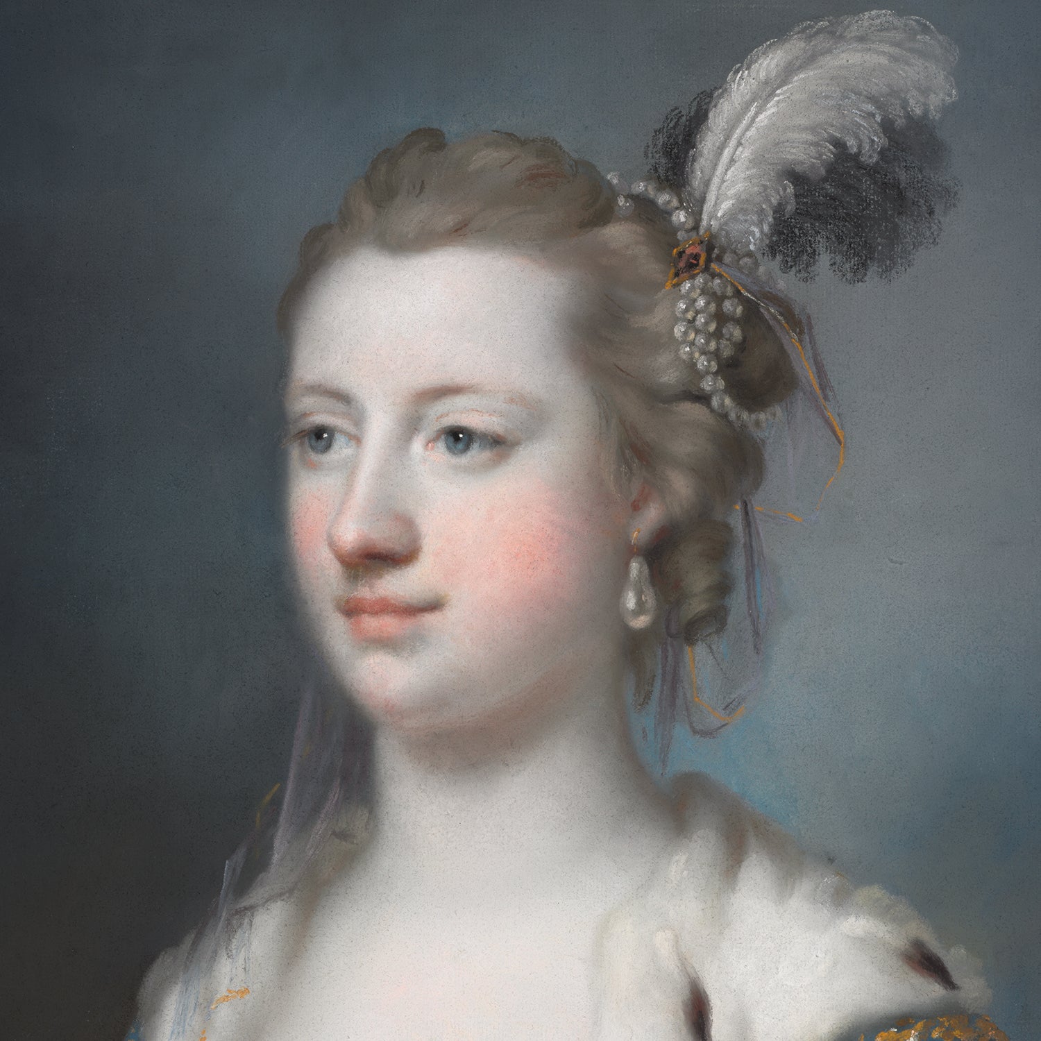 The Right Honorable Lady Mary Radcliffe by Francis Cotes Print captures the essence of Georgian portraiture, featuring Lady Mary Radcliffe with light skin and light-colored hair styled in an elegant updo adorned with pearls and feathers. She is depicted wearing pearl earrings, gazing serenely to the side against a muted gray-blue background.