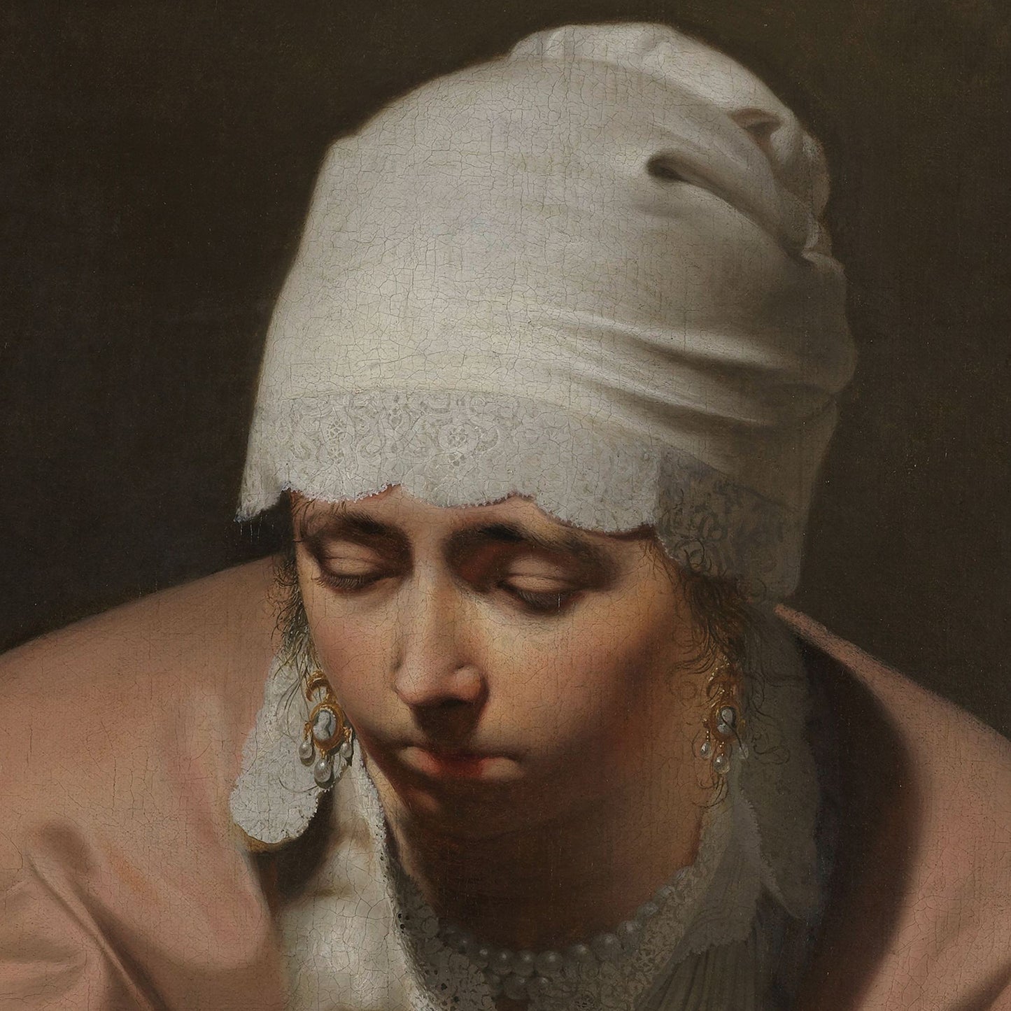 A portrait painting titled "Young Woman Warming her Hands over a Brazier" by Caesar van Everdingen portrays a woman in a white headscarf and lace-trimmed garment. With downcast eyes and visible earrings, her expression exudes calmness and contemplation. The dark background of this artwork accentuates the softness and intricate details of her face, making it an ideal choice for wall art decor.