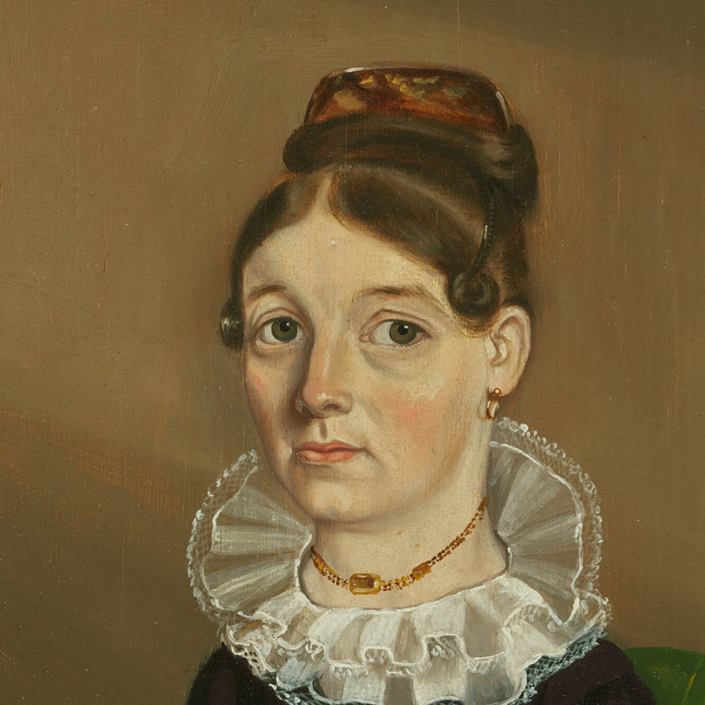 The artwork titled "Mrs. William Bonham (Ann Warford)" by William Bonnell depicts a woman with light skin and brown hair styled in an updo, featuring ringlets that elegantly frame her face. She is adorned in a dark dress with a ruffled white collar, complemented by earrings and a gold necklace. The background of the portrait is rendered in neutral, muted tones.