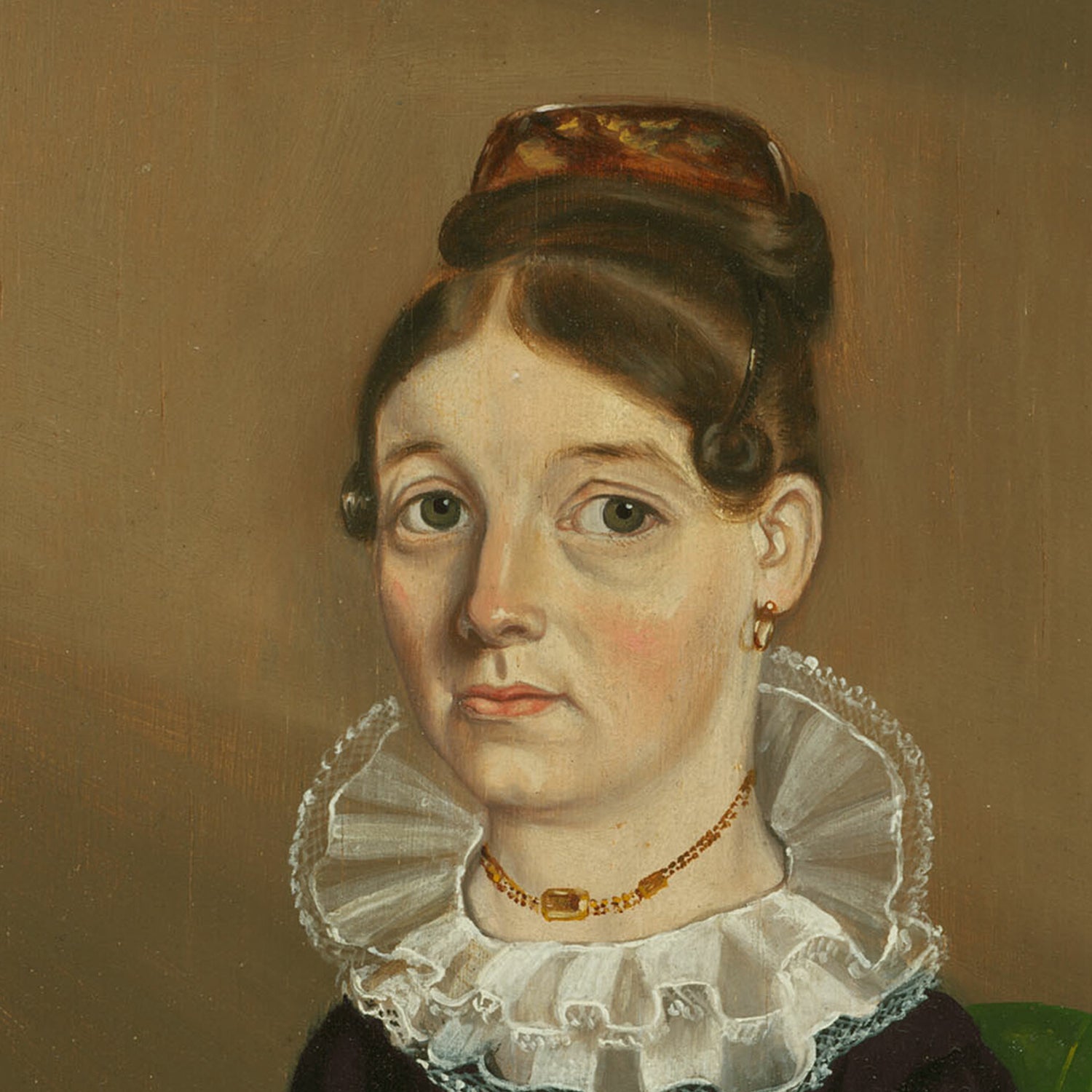 The artwork titled "Mrs. William Bonham (Ann Warford)" by William Bonnell depicts a woman with light skin and brown hair styled in an updo, featuring ringlets that elegantly frame her face. She is adorned in a dark dress with a ruffled white collar, complemented by earrings and a gold necklace. The background of the portrait is rendered in neutral, muted tones.