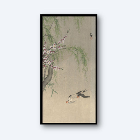 The "Swallows in Flight by Ohara Koson Vintage Japanese Print" features a framed depiction of swallows soaring near a tree branch adorned with delicate pink blossoms and wispy green leaves. The background is a soft beige, and the artwork bears an Ohara Koson signature in the top right corner.