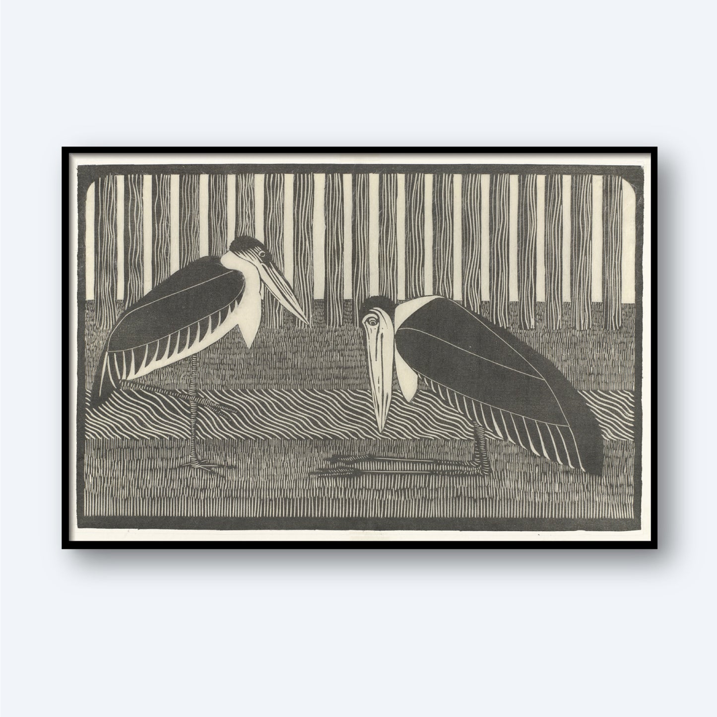 The artwork titled "Two Marabou by Samuel Jessurun de Mesquita" showcases a pair of Marabou storks in a wetland environment, complete with reeds and grasses in the background. The intricate detailing beautifully captures the patterns of their feathers and the surrounding marshland, with each bird positioned on either side of the composition.