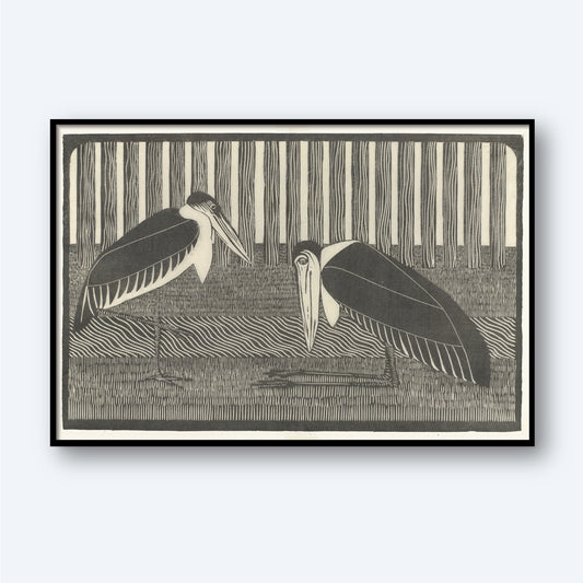 The artwork titled "Two Marabou by Samuel Jessurun de Mesquita" showcases a pair of Marabou storks in a wetland environment, complete with reeds and grasses in the background. The intricate detailing beautifully captures the patterns of their feathers and the surrounding marshland, with each bird positioned on either side of the composition.