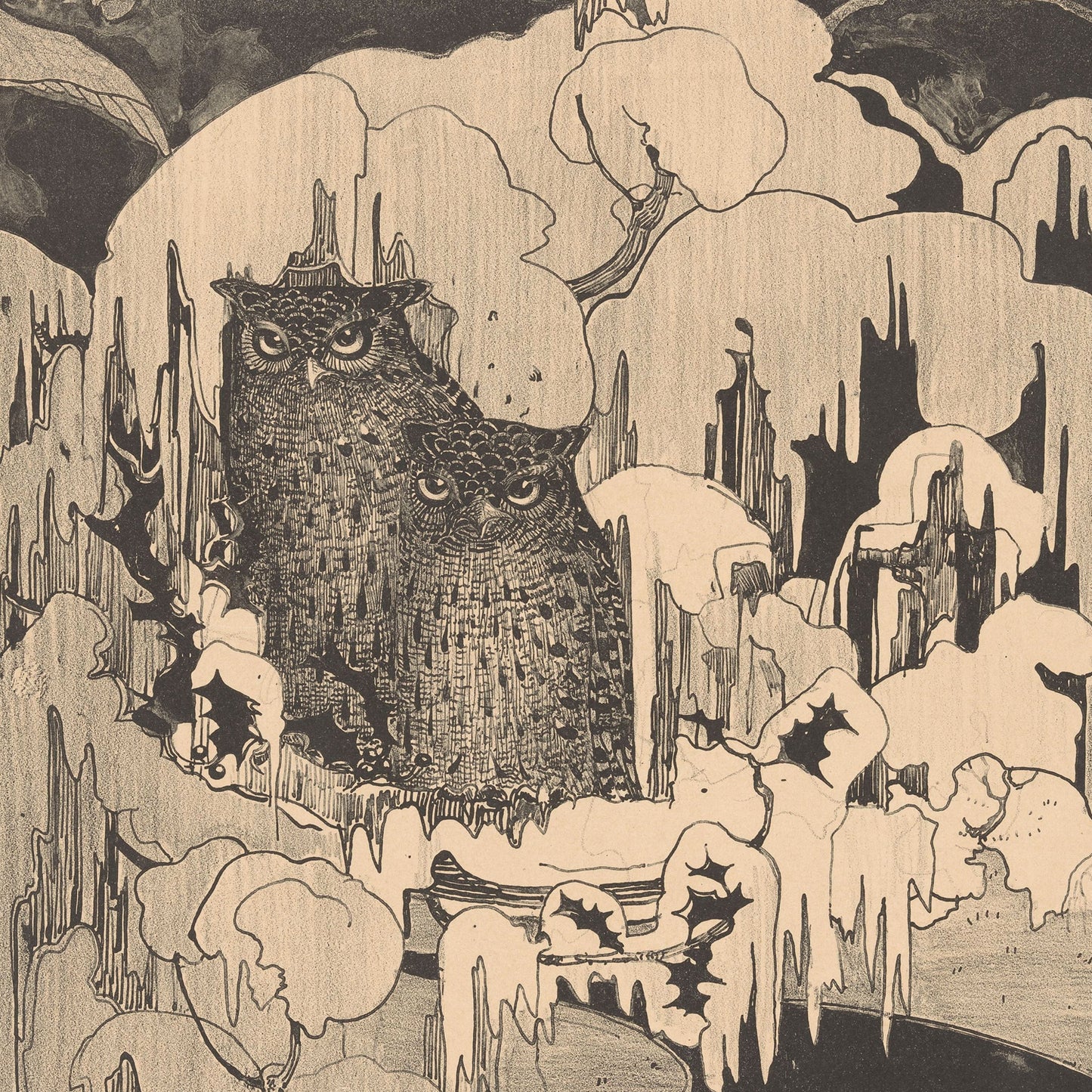 Owls at Winter by Theo Van Hoytema - Vintage Print features an intricate black and white illustration of two owls perched amidst abstract, jagged foliage. The detailed line work imparts a surreal, almost otherworldly feel to the natural setting, with the large eyes and feathered details of the owls standing out prominently.