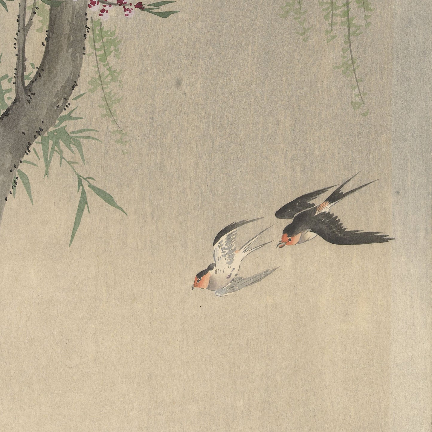 The "Swallows in Flight" by Ohara Koson Vintage Japanese Print features a traditional Japanese watercolor painting depicting two swallows detailed with dark and light feathers. The birds soar gracefully near a tree branch adorned with delicate leaves and small, pink blossoms against a muted background, reminiscent of classic Japanese art.