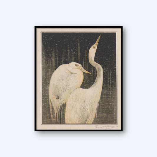 The framed art print "Two Egrets by Theo van Hoytema" showcases two stylized white herons set against a dark, textured background with hints of greenish tones. The heron on the left reclines its head backwards, while the one on the right stretches its neck upwards, embodying a vintage print aesthetic.