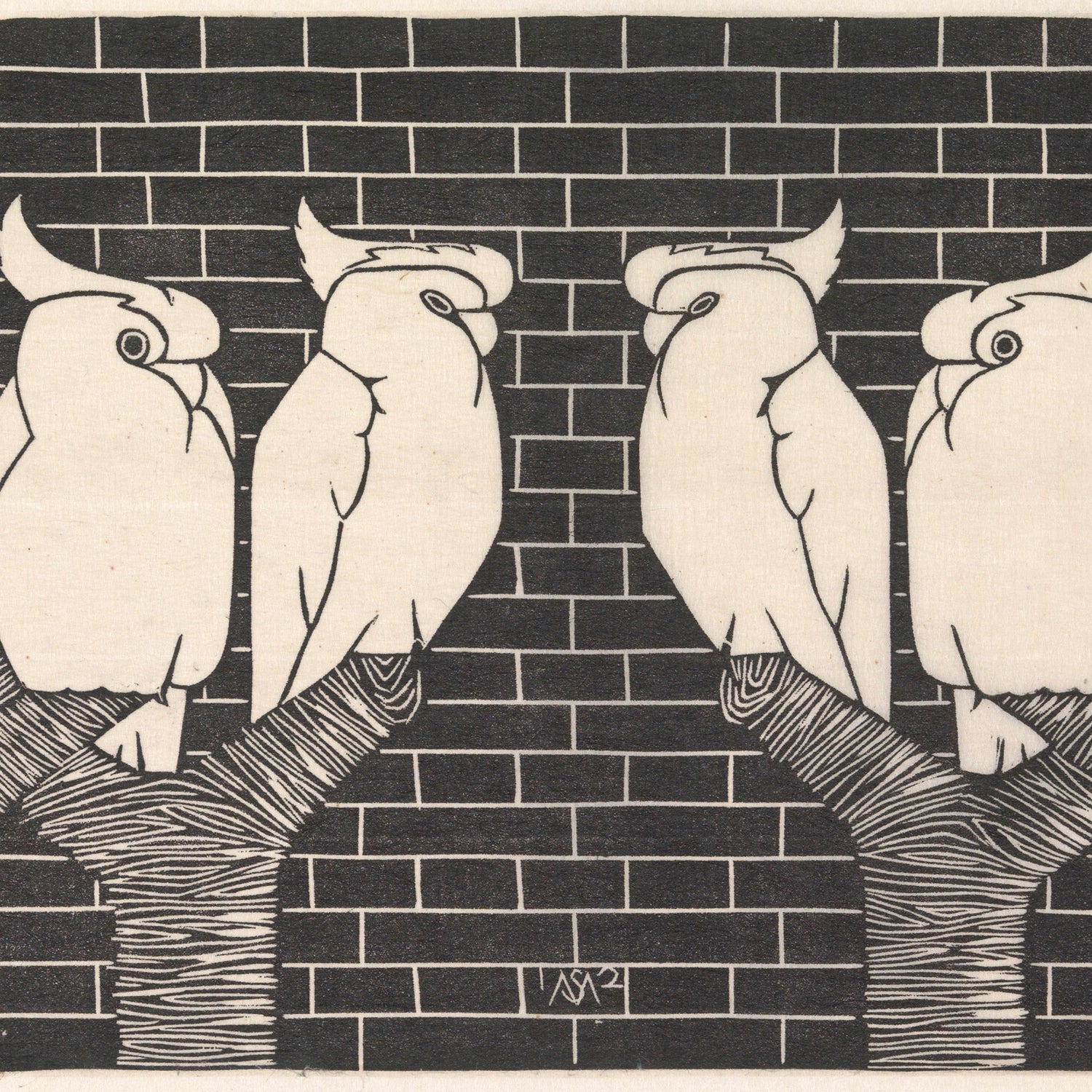 The vintage print "Four Crown Shelter Heavy" by Samuel Jessurun de Mesquita showcases detailed line art of four crested birds with hooked beaks, resembling cockatoos or parrots, perched on three branches against a brick wall. The birds are paired and facing each other, set against a backdrop of rectangular bricks, capturing the essence of Mesquita's intricate wall art style.