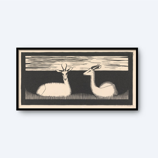 Two Gazelles by Samuel Jessurun de Mesquita is a framed monochromatic artwork featuring two stylized antelopes resting on grass, separated by a horizontal striped pattern in the background. Bold black lines on a white backdrop lend this piece a distinct, abstract appeal in wildlife art.