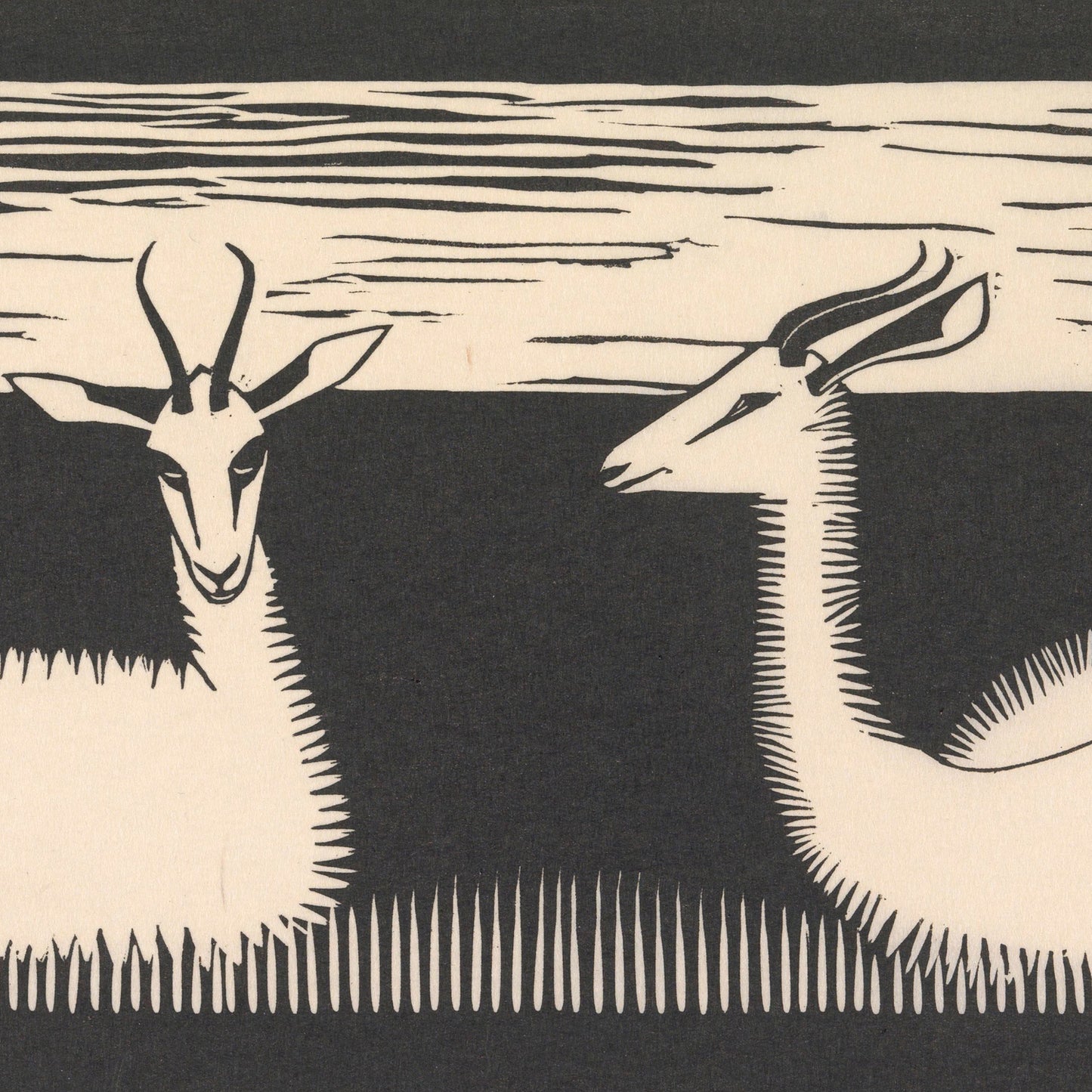 The "Two Gazelles" print by Samuel Jessurun de Mesquita is a monochrome illustration showcasing two antelopes standing amid tall grass. This minimalistic wildlife art employs contrasting black and white shades, with the background featuring a stylized sky adorned with horizontal streaks that mimic clouds.