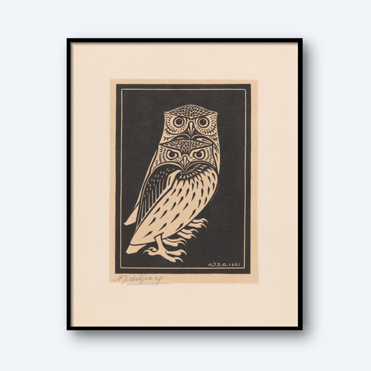 The Two Owls by Julie De Graag Vintage Print features a framed piece of bird wall art that depicts two intricately designed owls perched together. The owls are drawn in a monochromatic style with detailed patterns on a dark background, and the artist's signature is placed in the bottom right corner of this stunning bird print.