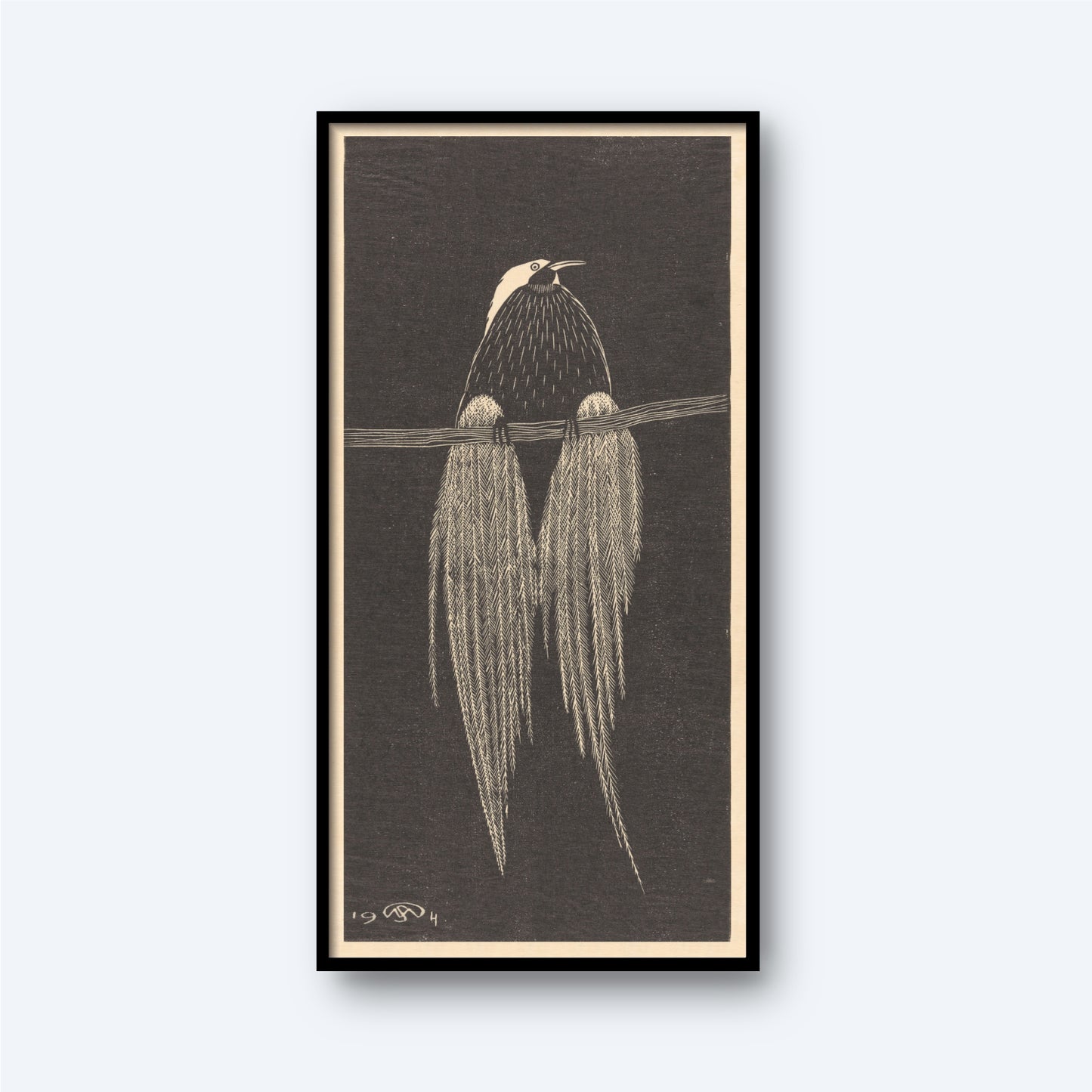 The artwork titled "Bird of Paradise by Samuel Jessurun de Mesquita" features a black and white illustration of a Bird of Paradise perched gracefully on a branch, showcasing its distinctive long tail feathers that hang elegantly. The plain background highlights the detailed and stylized depiction, while the narrow black border around the piece makes it ideal for wall art.