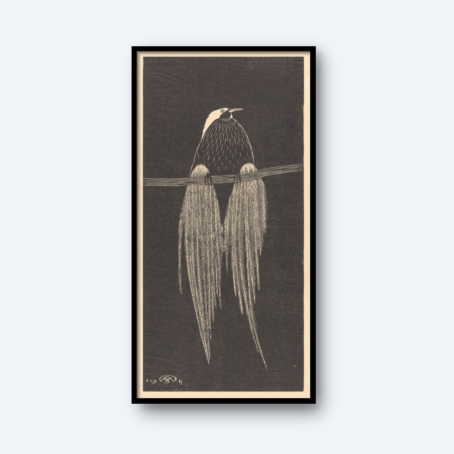 The artwork titled "Bird of Paradise by Samuel Jessurun de Mesquita" features a black and white illustration of a Bird of Paradise perched gracefully on a branch, showcasing its distinctive long tail feathers that hang elegantly. The plain background highlights the detailed and stylized depiction, while the narrow black border around the piece makes it ideal for wall art.