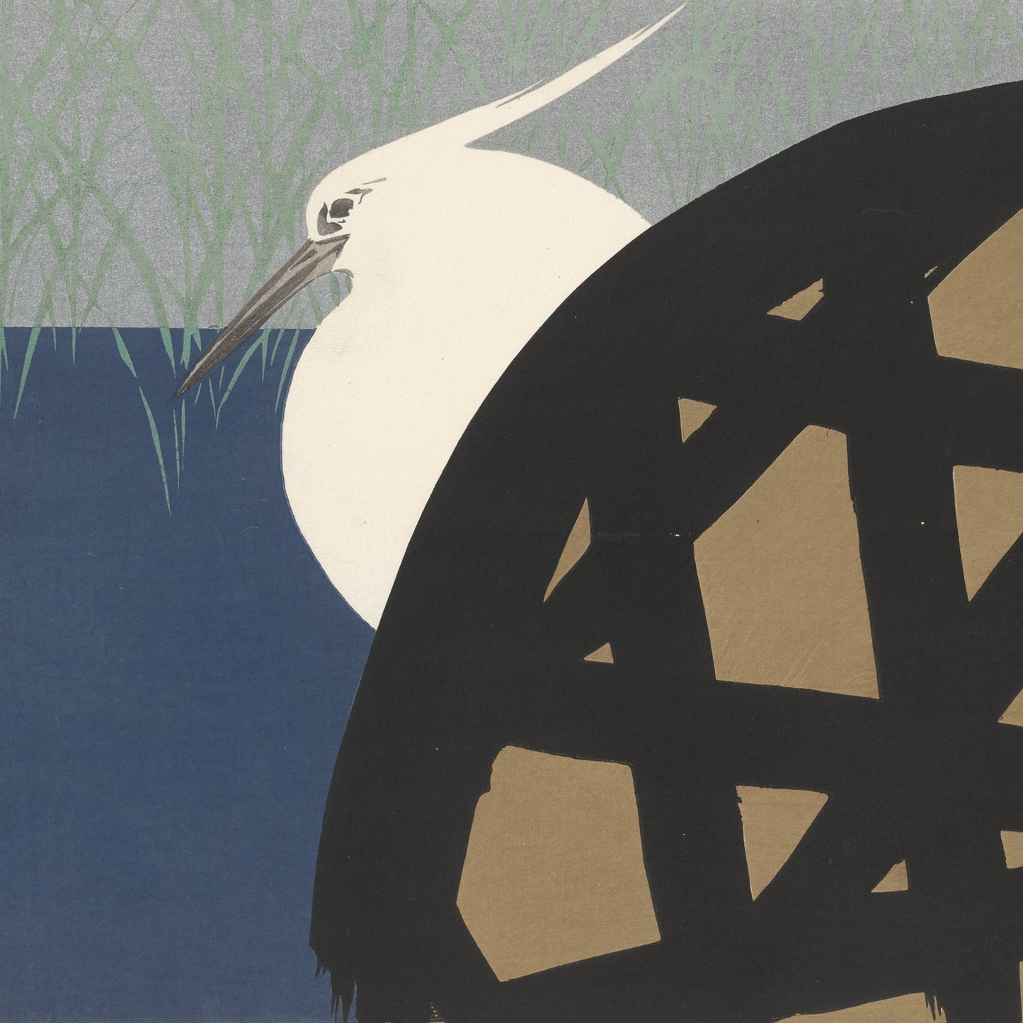 The White Heron 1909 Vintage Print by Kamisaka Sekka showcases a minimalist illustration reminiscent of vintage art, featuring a White Heron with a long beak partially hidden by a dark, abstract structure in the foreground. The background consists of blue water and green reeds beneath a gray sky, evoking elements of Japanese art.