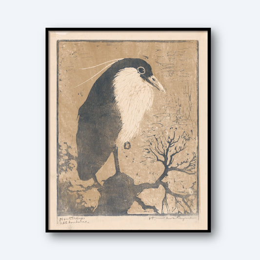 The framed artwork, titled "Heron at Night by Henri Verstijnen," is a vintage print that features a black and white bird perched on a branch with bare twigs. The background has a textured, earthy tone, and the drawing style is evocative of traditional Japanese woodblock prints by artists like Henri Verstijnen.