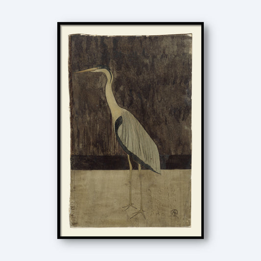 The "Heron (Reiger)" by Samuel Jessurun de Mesquita is a vintage print that showcases a stylized heron standing on a neutral background. The bird is depicted in a minimalist, almost abstract style with elongated features, utilizing earthy tones of brown, beige, and black to give the wall art a classic feel.