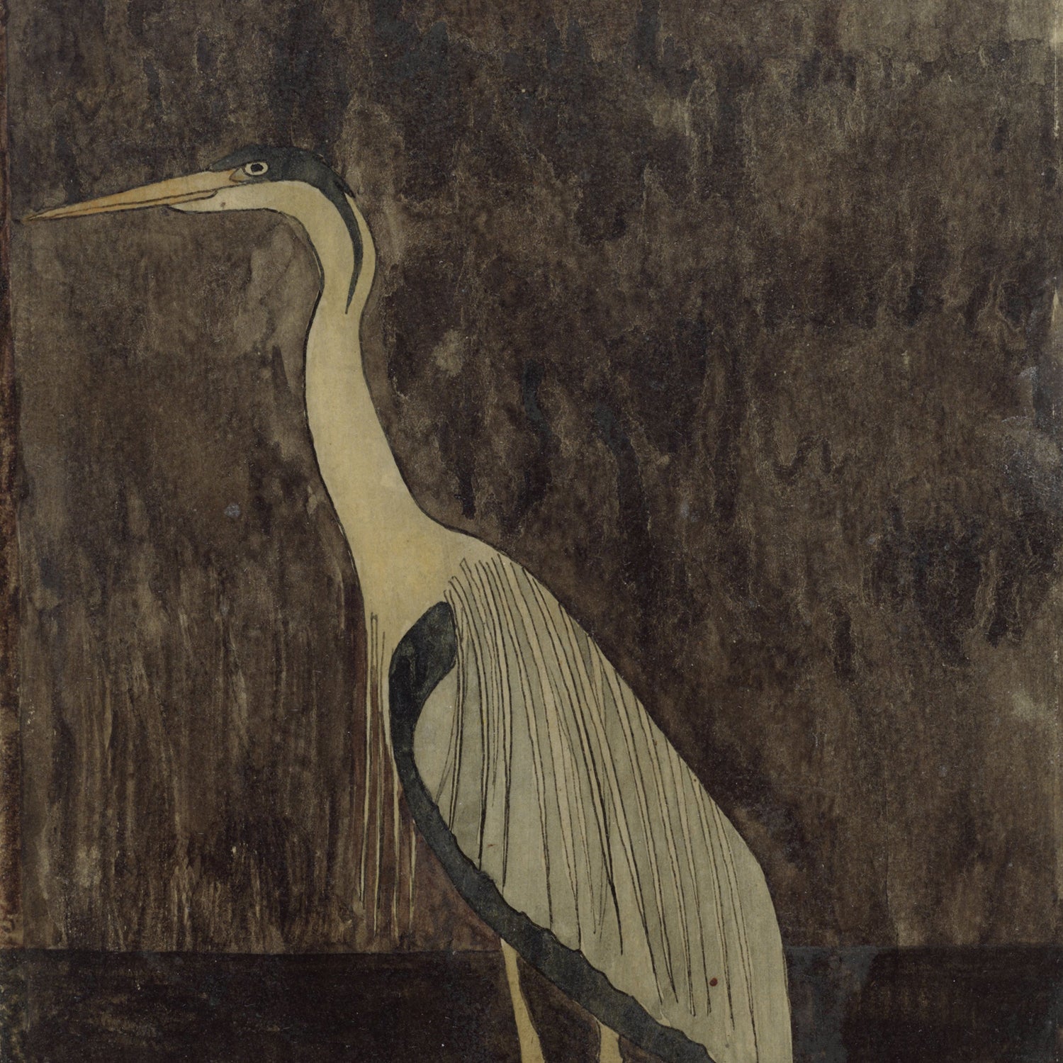 A detailed painting of a long-necked bird, resembling a heron, stands against a dark, textured background. The bird has a yellow beak, white underside, and dark upper wings, with its head turned slightly to the left—a perfect piece of wall art titled "Heron (Reiger) by Samuel Jessurun de Mesquita | Vintage Print," capturing the artist's distinctive style.
