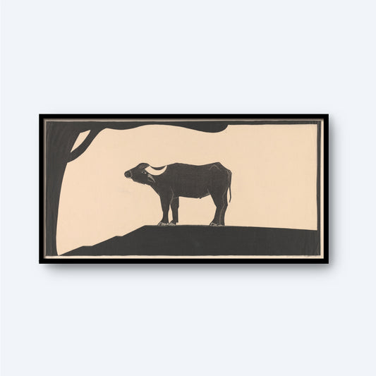 The Buffalo by Samuel Jessurun de Mesquita Print features a minimalist, monochromatic buffalo standing under a large, leafless tree branch. Rendered in black against a light-beige background, the buffalo takes center stage in this piece of wildlife art, elegantly framed in a simple, thin black frame.