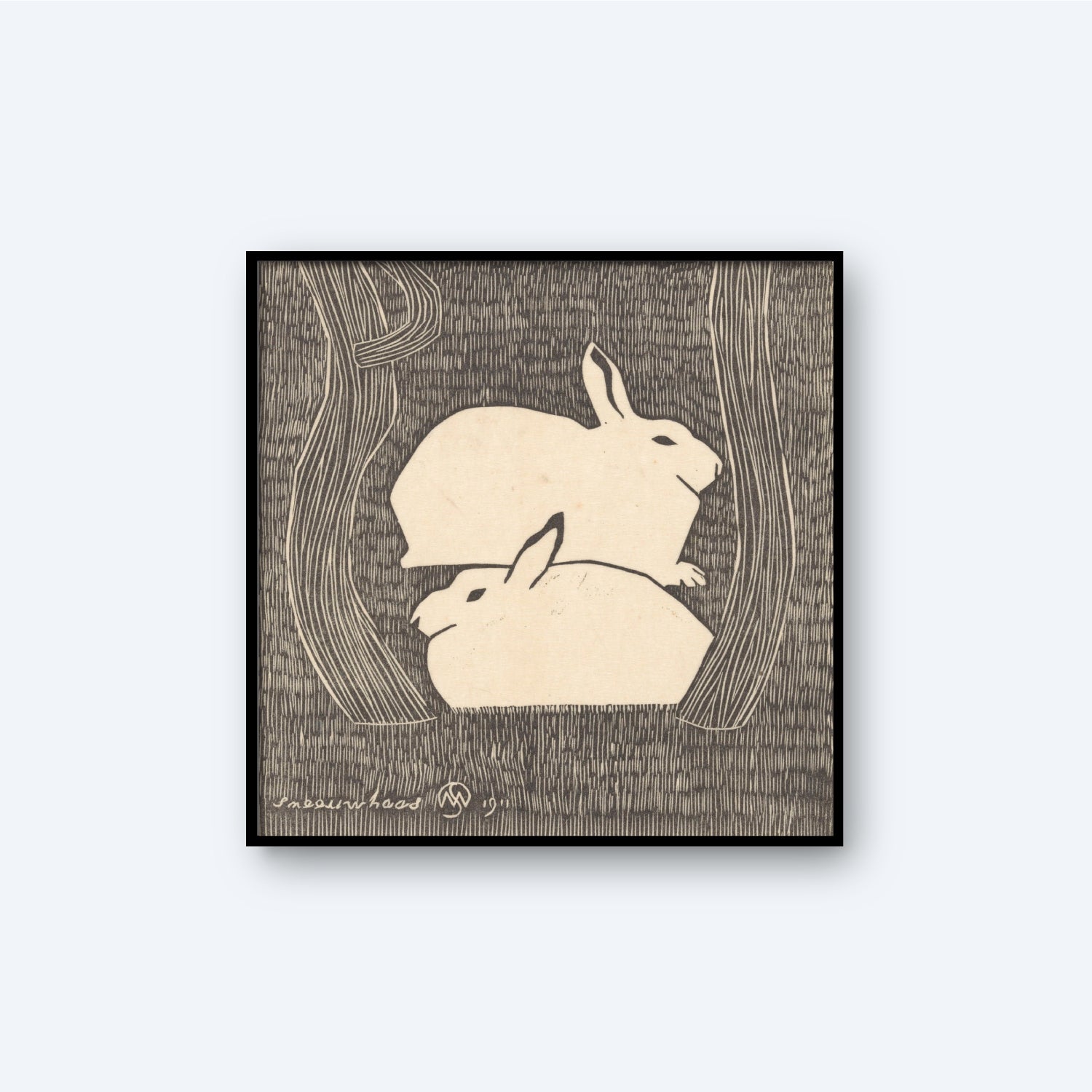 The "Two Snow Hares by Samuel Jessurun de Mesquita Print" showcases a monochromatic artwork where two snow hares are nestled together, surrounded by abstract tree shapes. The image features a textured background and Samuel Jessurun de Mesquita's signature in the lower left corner.