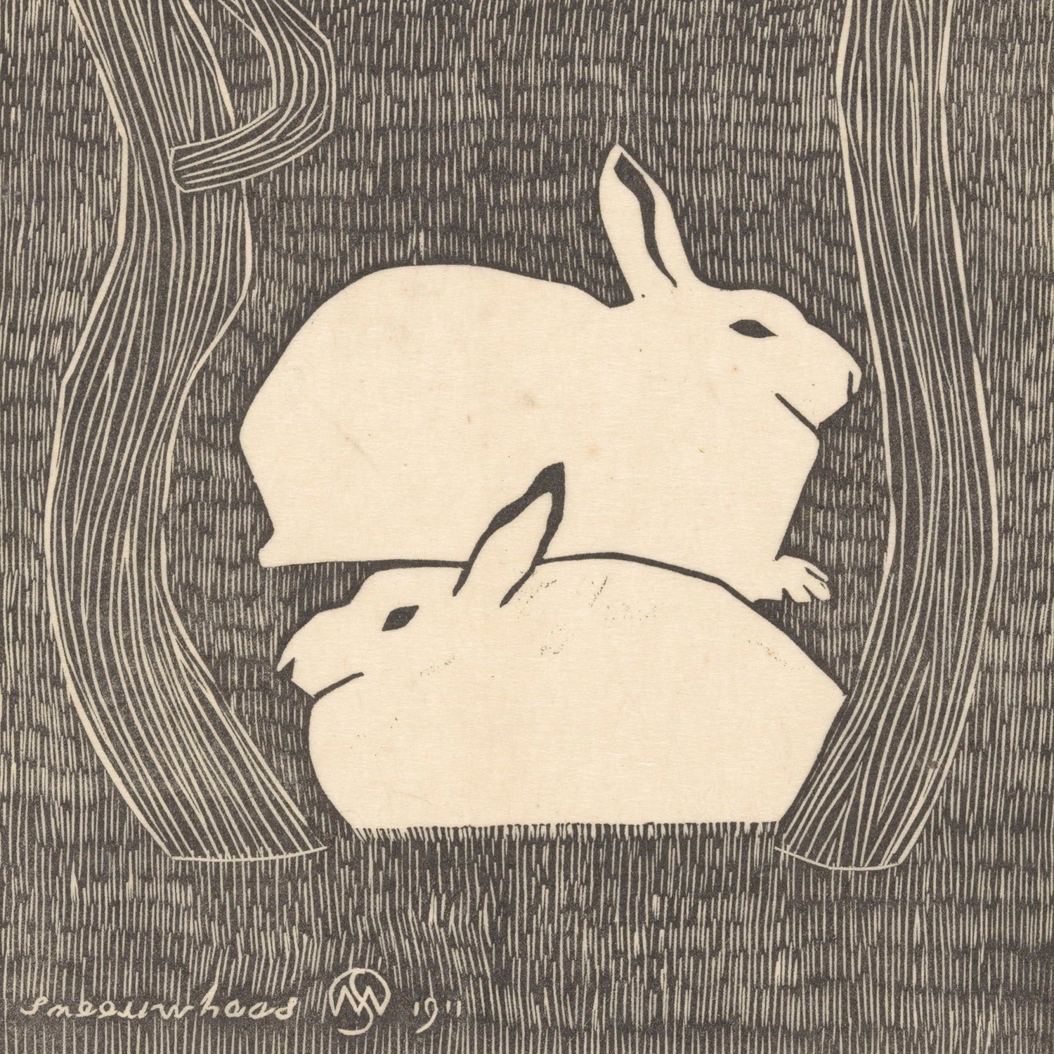The black and white illustration, titled "Two snow hares by Samuel Jessurun de Mesquita Print," features a minimalist, stylized depiction of two snow hares nestled together among tall vertical grass or thin tree trunks. The hares' sleek form contrasts beautifully against the textured background.