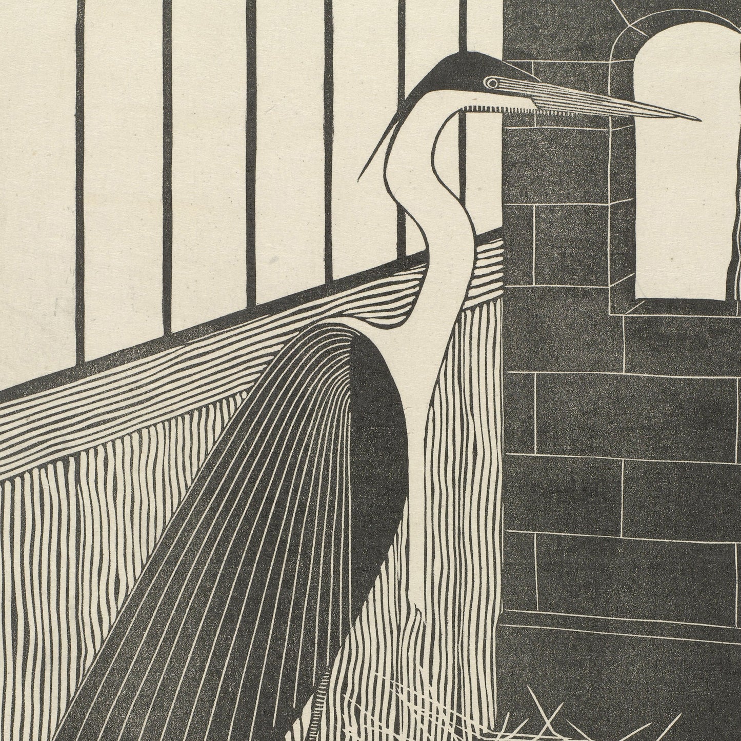 The illustration titled "Giant Threator" by Samuel Jessurun de Mesquita features a black and white depiction of a heron standing in profile, with its long neck and pointed beak evoking the style of vintage prints. The background showcases a window with vertical bars and a brick wall, introducing a geometric pattern to the composition. The textured surface on which the heron stands further adds to the intricate detail of the scene.