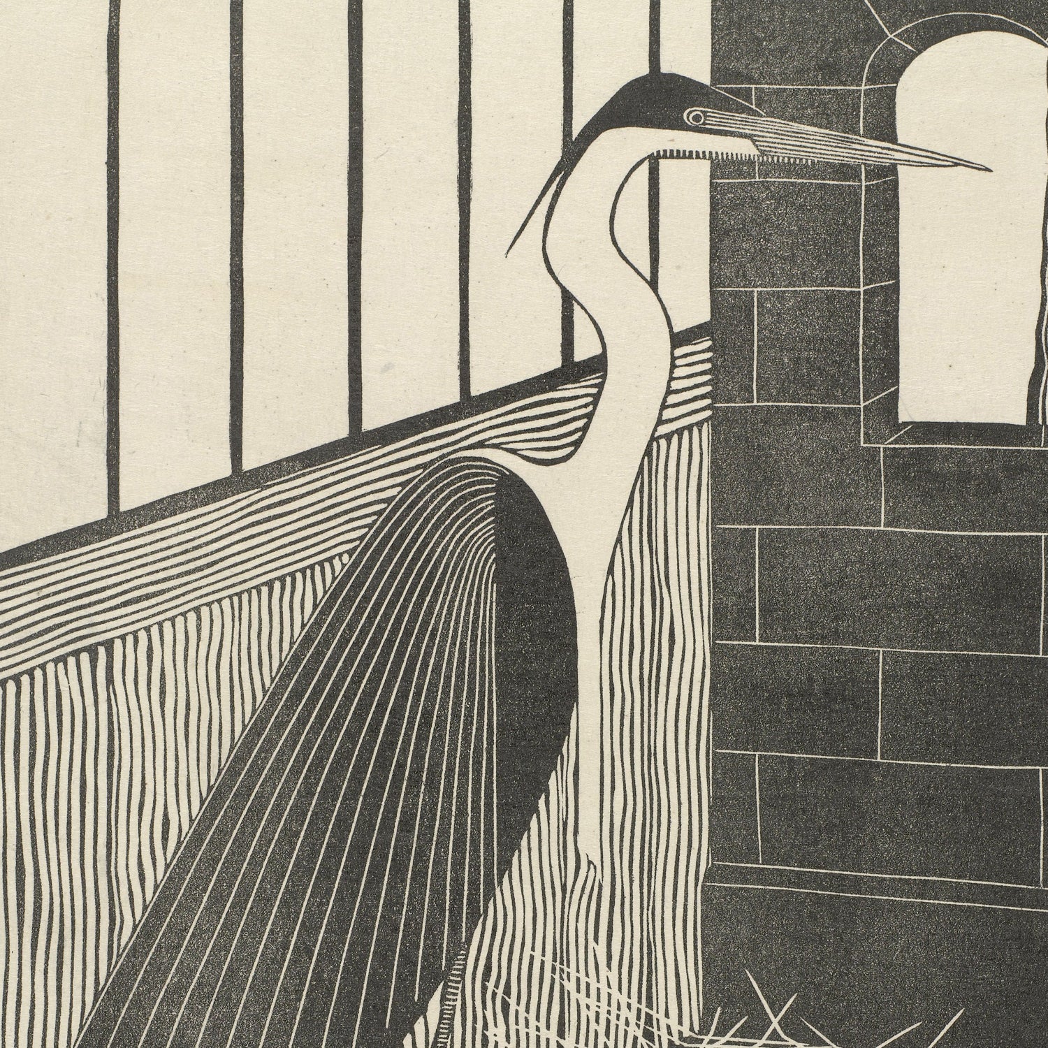 The illustration titled "Giant Threator" by Samuel Jessurun de Mesquita features a black and white depiction of a heron standing in profile, with its long neck and pointed beak evoking the style of vintage prints. The background showcases a window with vertical bars and a brick wall, introducing a geometric pattern to the composition. The textured surface on which the heron stands further adds to the intricate detail of the scene.