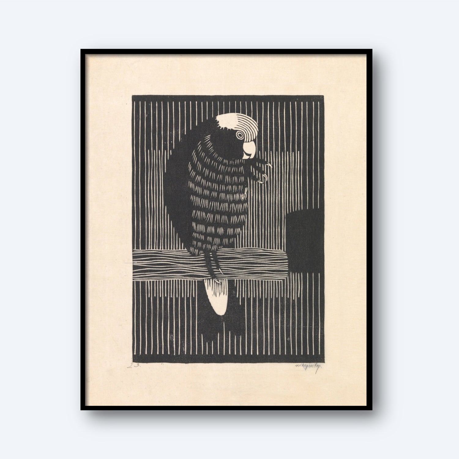 The framed Rosketoe artwork by Samuel Jessurun de Mesquita showcases a black and white image of a bird perched on a branch against a vertically striped background. The bird is stylized with simplified features and patterns on its body, lending an abstract, vintage wall art aesthetic characteristic of de Mesquita's work.